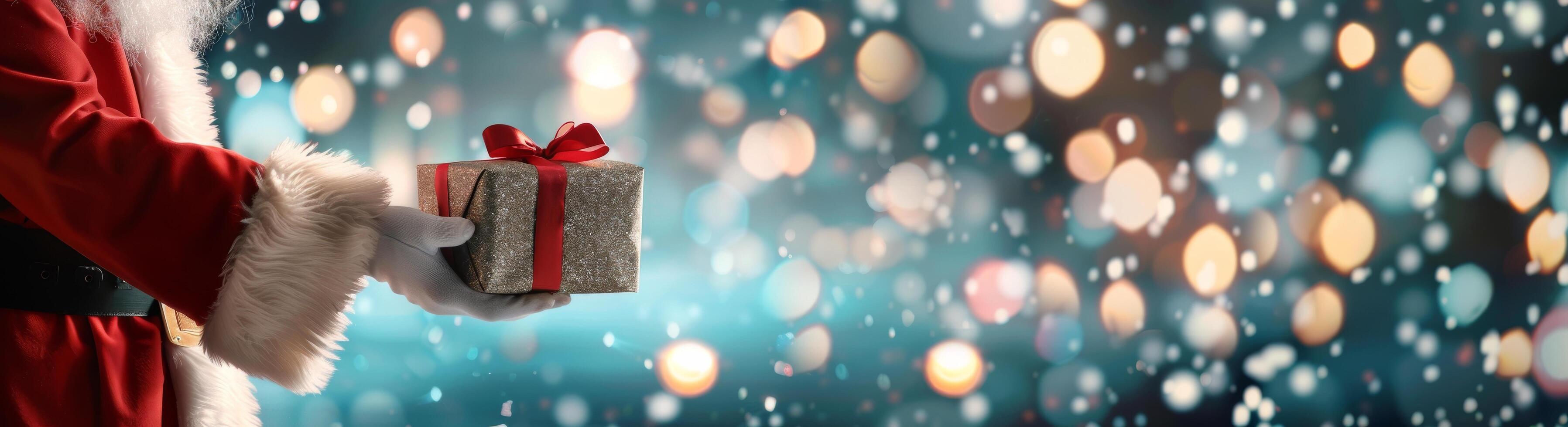 Santa Claus Delivering a Gift in a Snowy Atmosphere During Christmas Celebration photo