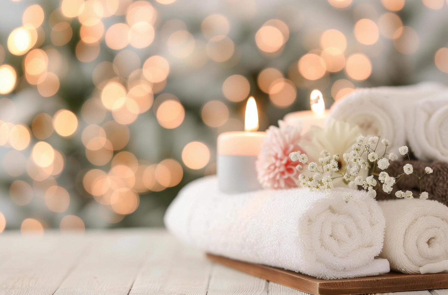 Relaxing Spa Setup With Towels and Candles Surrounded by Soft Lights photo