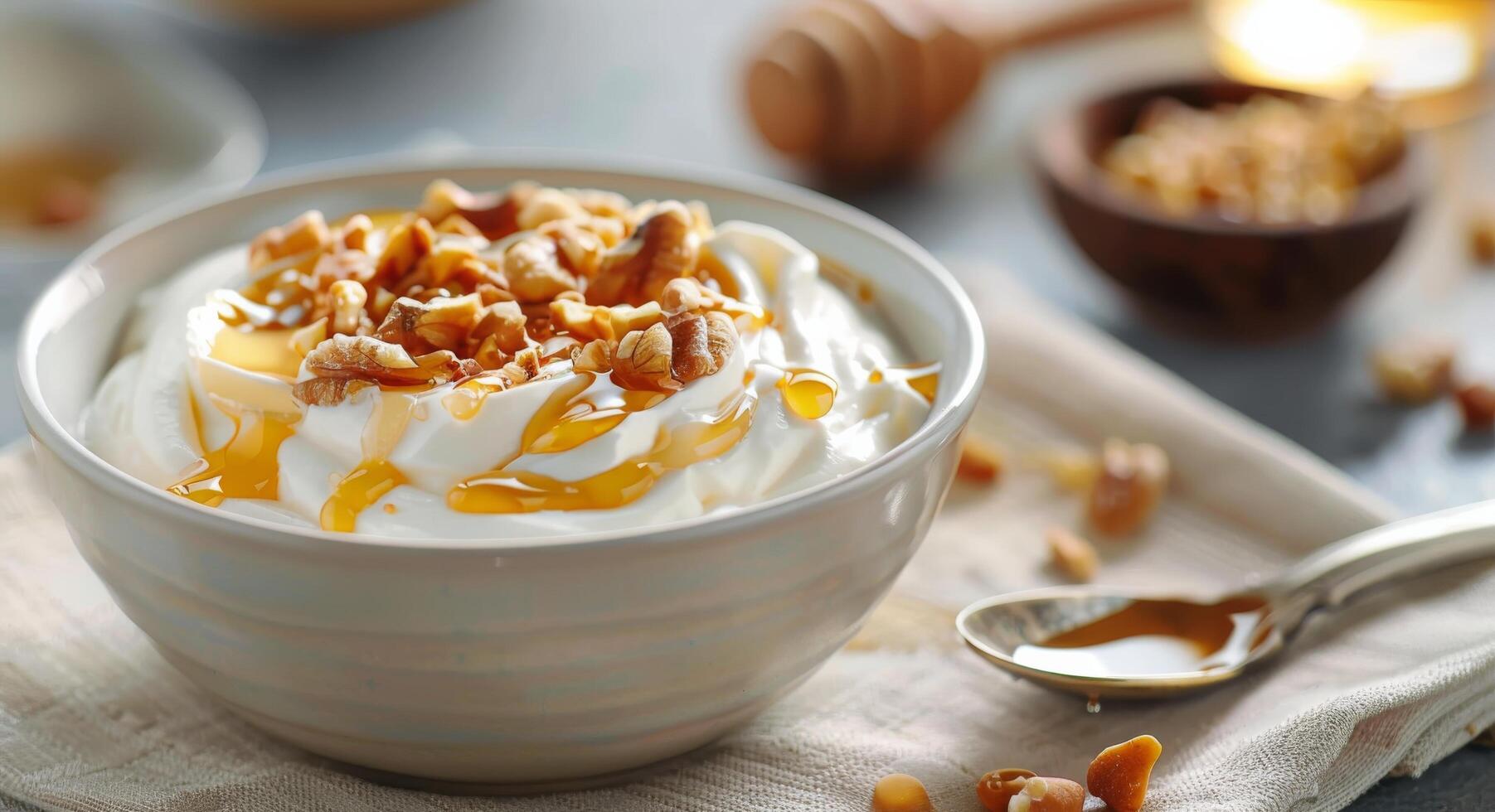 Creamy Yogurt Bowl With Honey and Nuts on Rustic Table photo