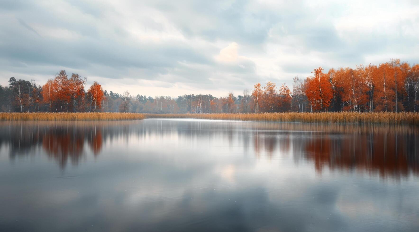 Autumn Reflections Over Tranquil Lake Surrounded by Colorful Foliage in a Cloudy Setting photo