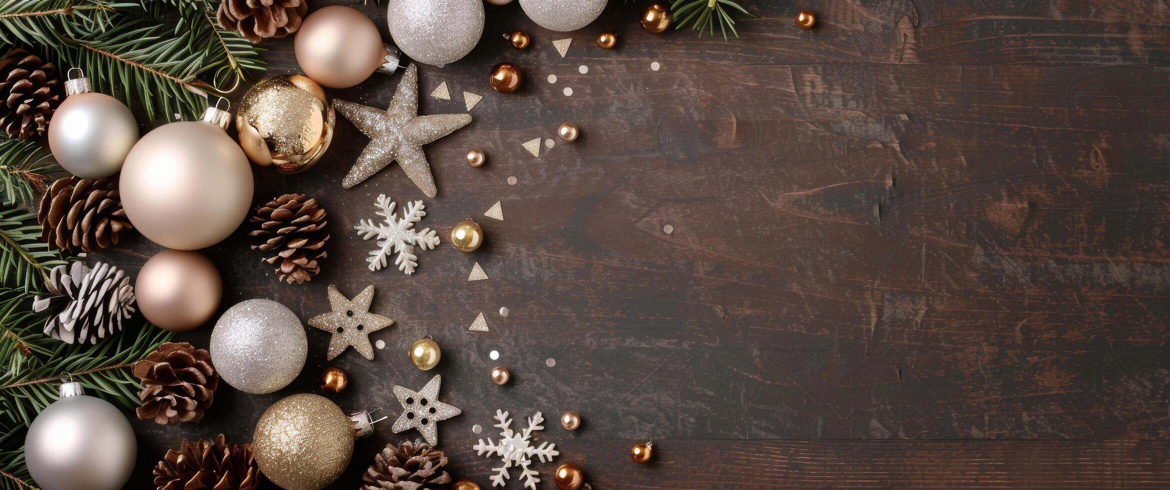 Festive Christmas Decorations With Ornaments, Pinecones, and Stars on Rustic Wooden Surface photo