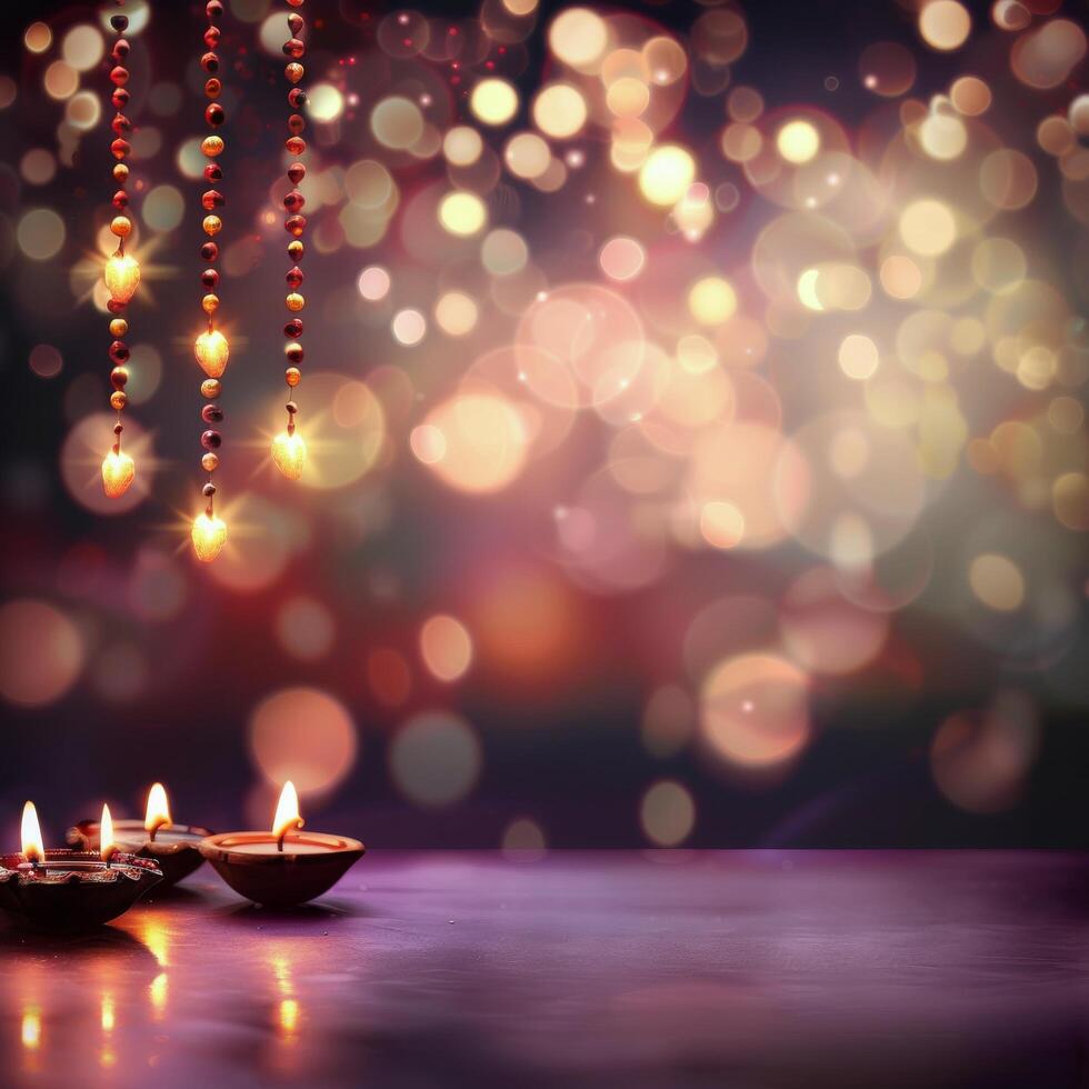 Traditional Diyas Illuminating a Table With Colorful Bokeh Background at Night photo