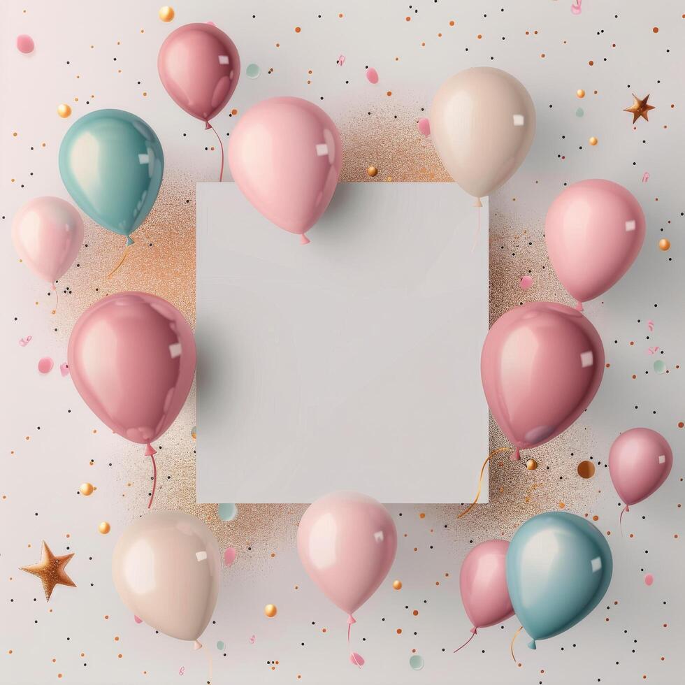 Celebration Background With Colorful Balloons and Empty Square Frame photo