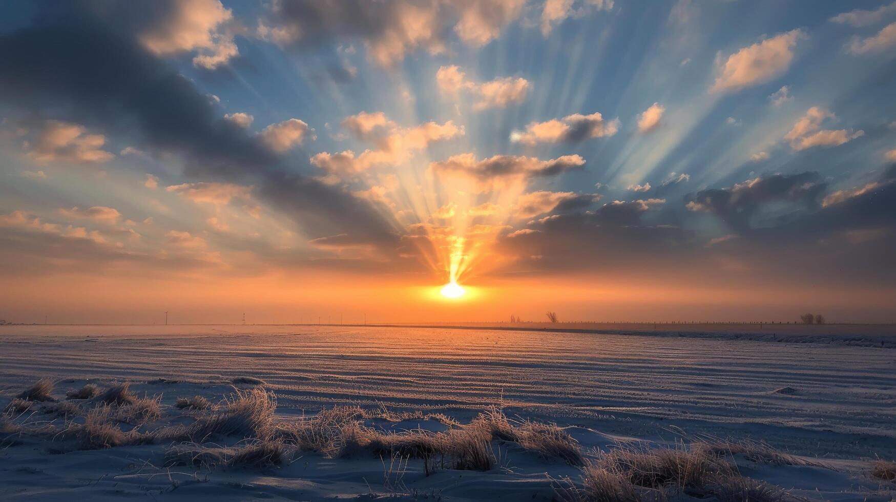 Majestic Sunrise Over Snow-Covered Field in Winter Landscape photo