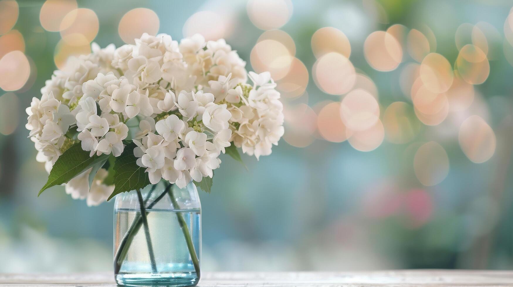 Elegant White Hydrangea Arrangement in a Ribbed Vase on a Bright Sunny Day photo