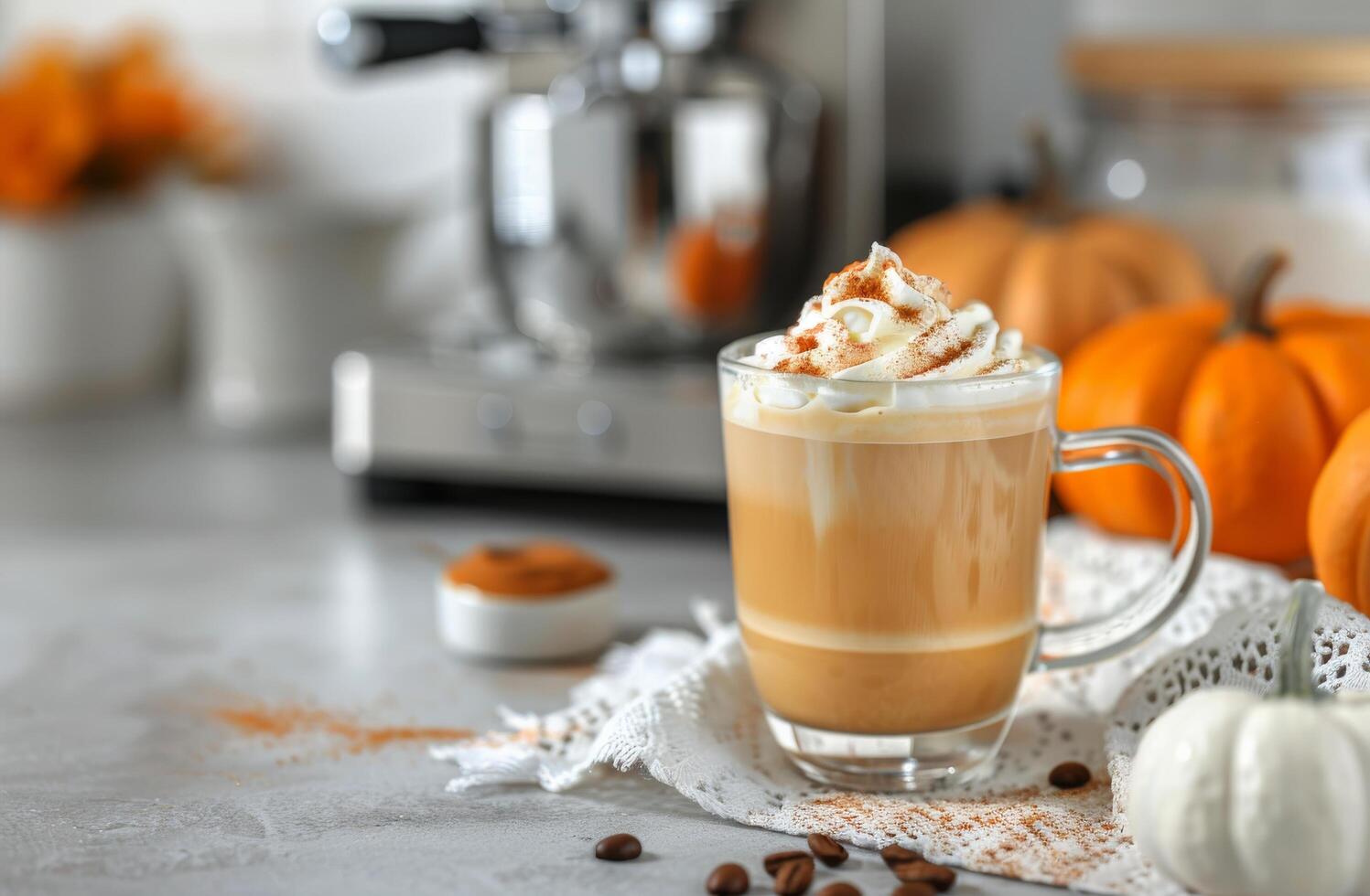 Warm Pumpkin Spice Latte With Whipped Cream and Cinnamon in Cozy Autumn Setting photo