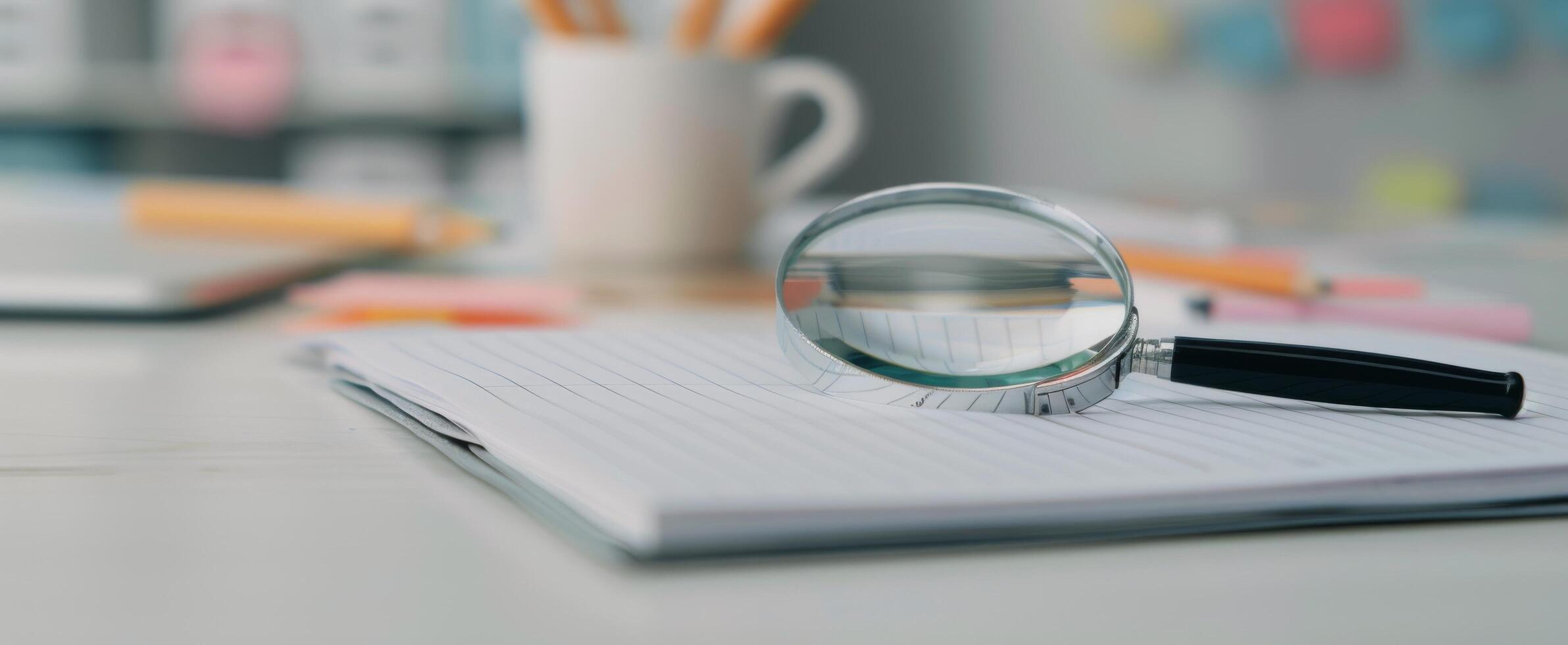 Magnifying Glass on Blank Notebook Surrounded by Neutral Background photo