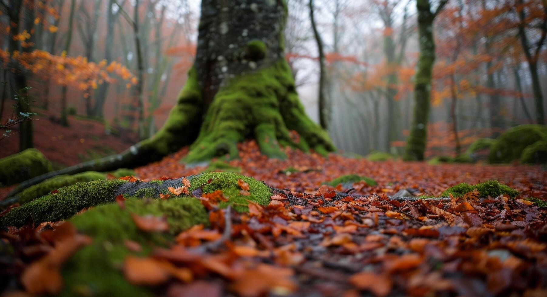 Misty Forest With Autumn Leaves and Moss-Covered Roots in a Serene Landscape photo