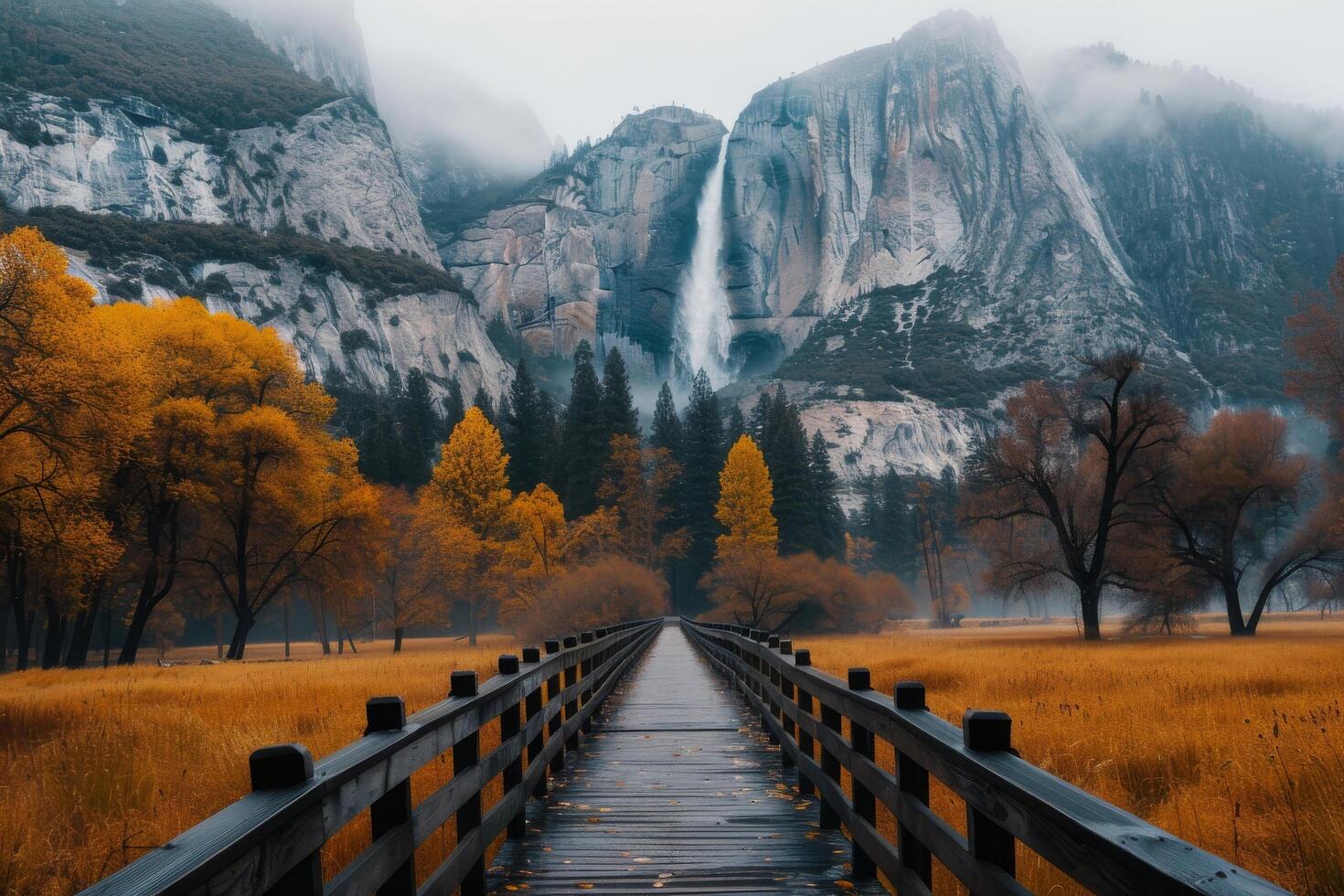 Scenic Autumn Landscape at Yosemite National Park Featuring Waterfall and Wooden Bridge photo