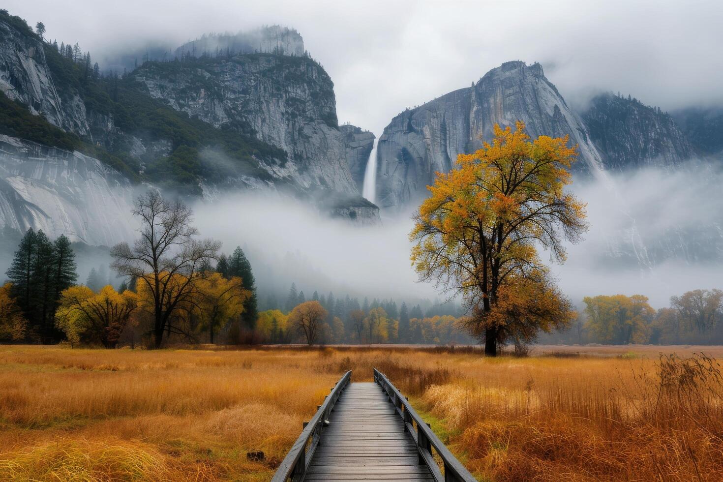 Scenic Autumn Landscape at Yosemite National Park Featuring Waterfall and Wooden Bridge photo