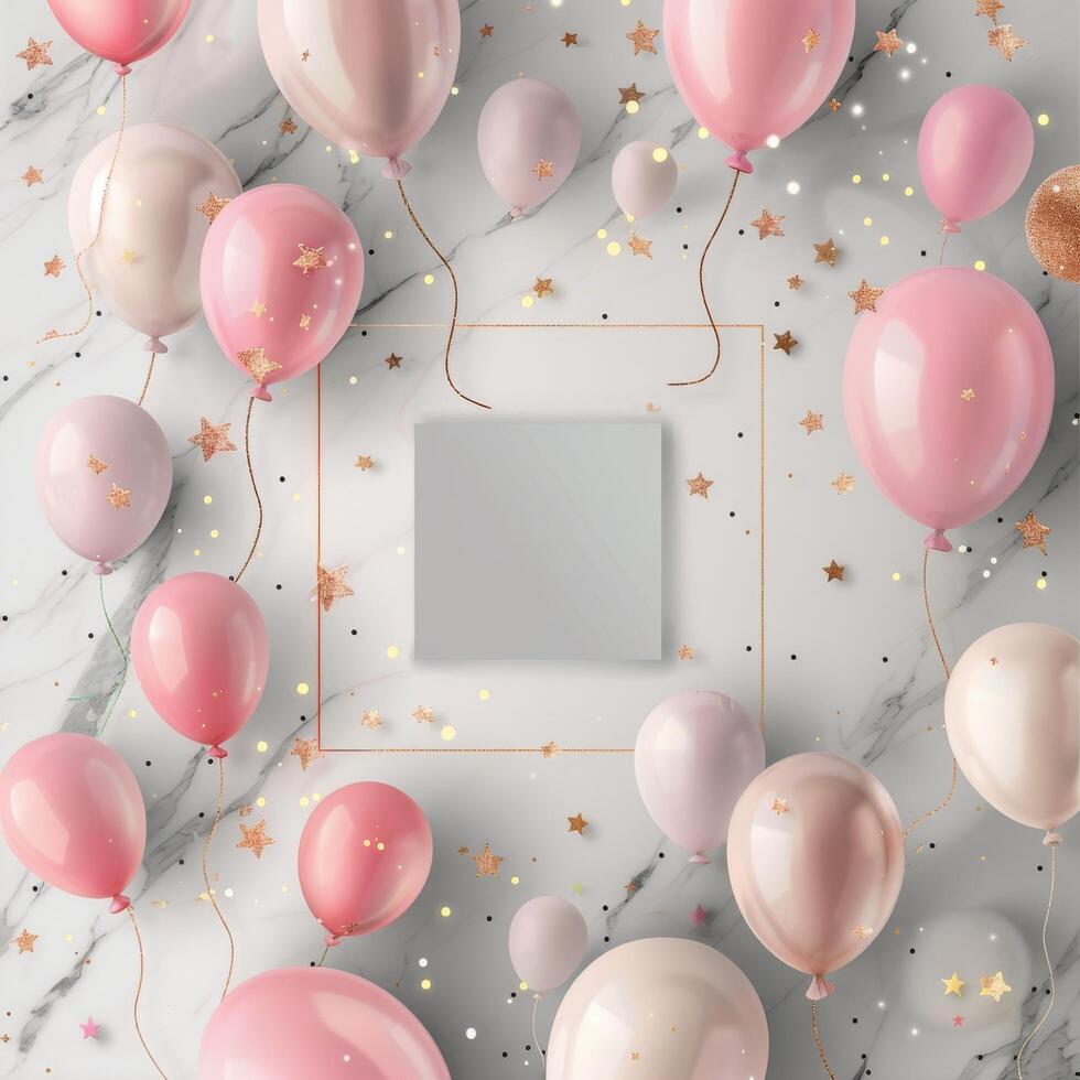 Celebration Background With Colorful Balloons and Empty Square Frame photo