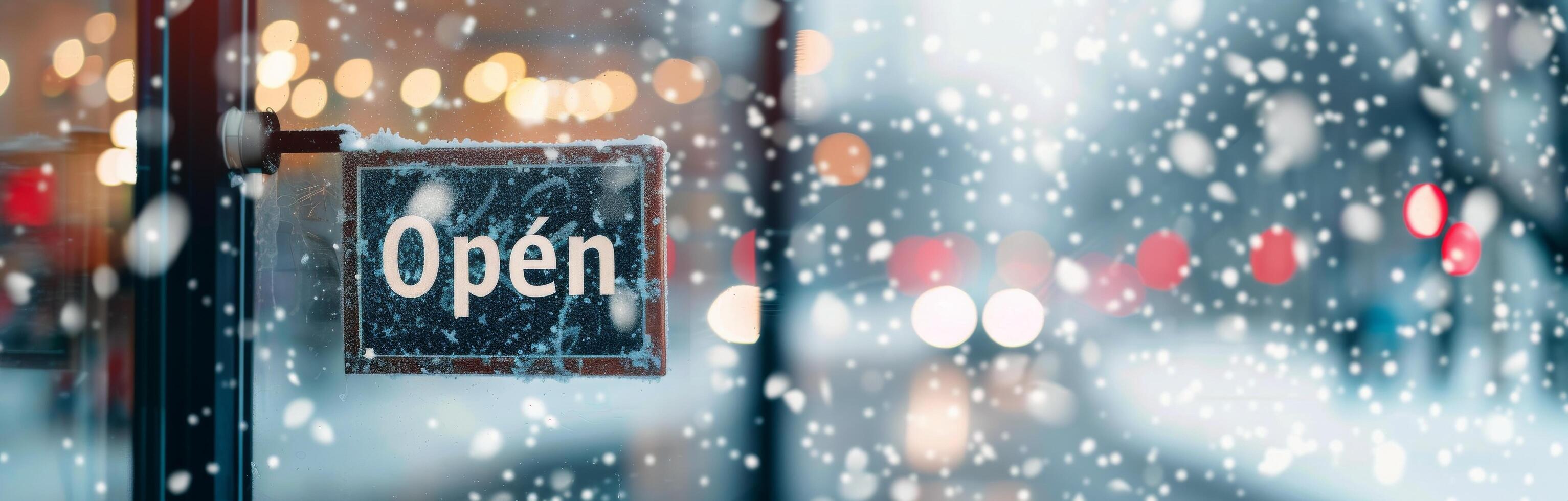 Open Sign Hanging Outside Store During Snowfall in Winter Evening photo