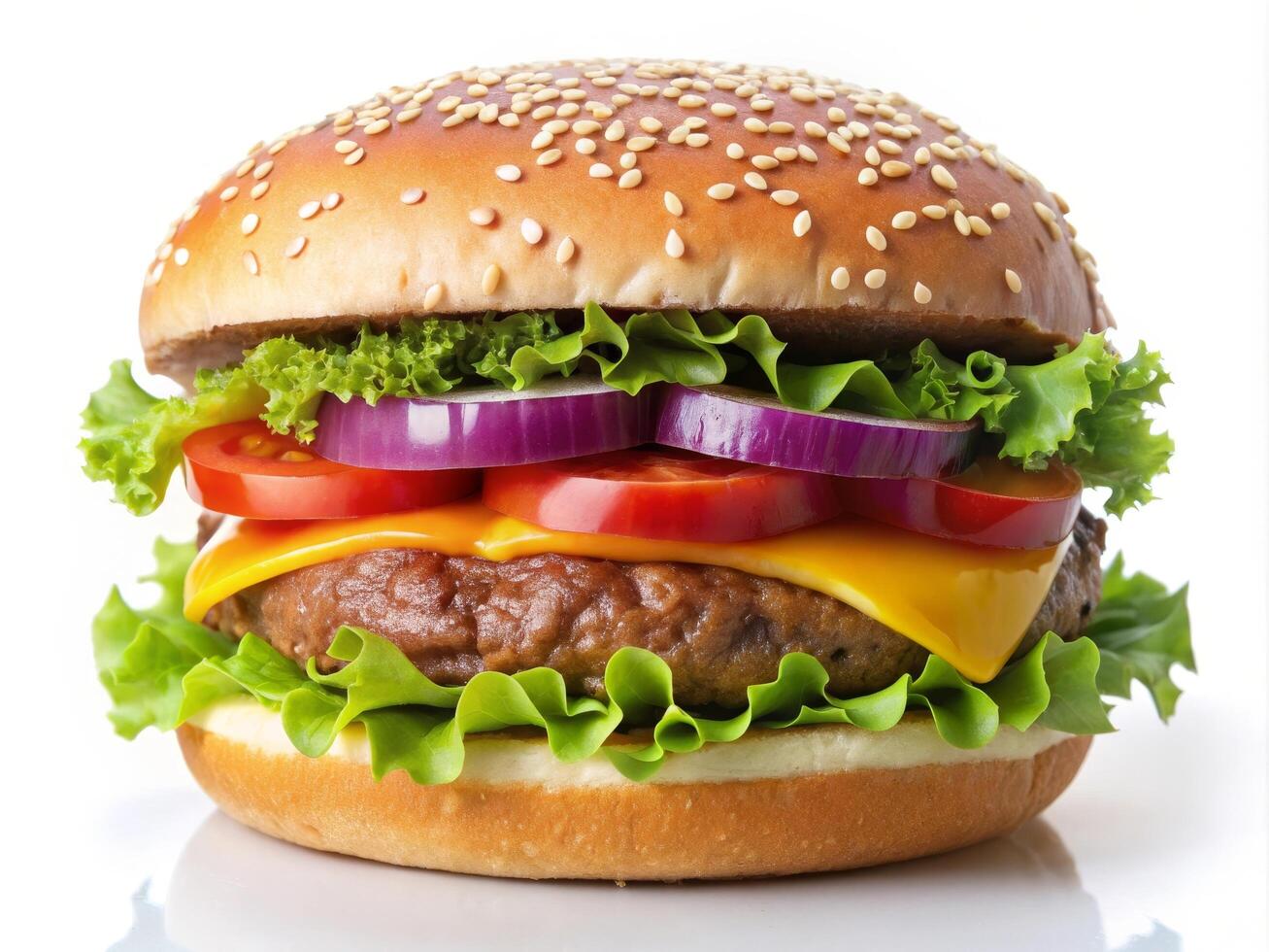 Fresh juicy hamburger with beef meat, grilled cheeseburger with onion and tomato, classic american fast food burger burger with tomateoes lettuce and pickles on a wooden plate. photo