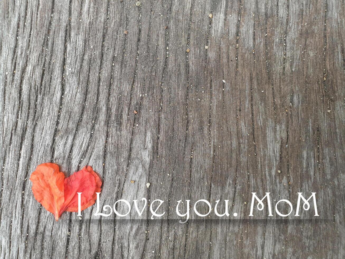 Heart shape from pomegranate petals with white words Mother's Love on gray old wood, clear cracks in the wood, grains of sand on the cracks photo