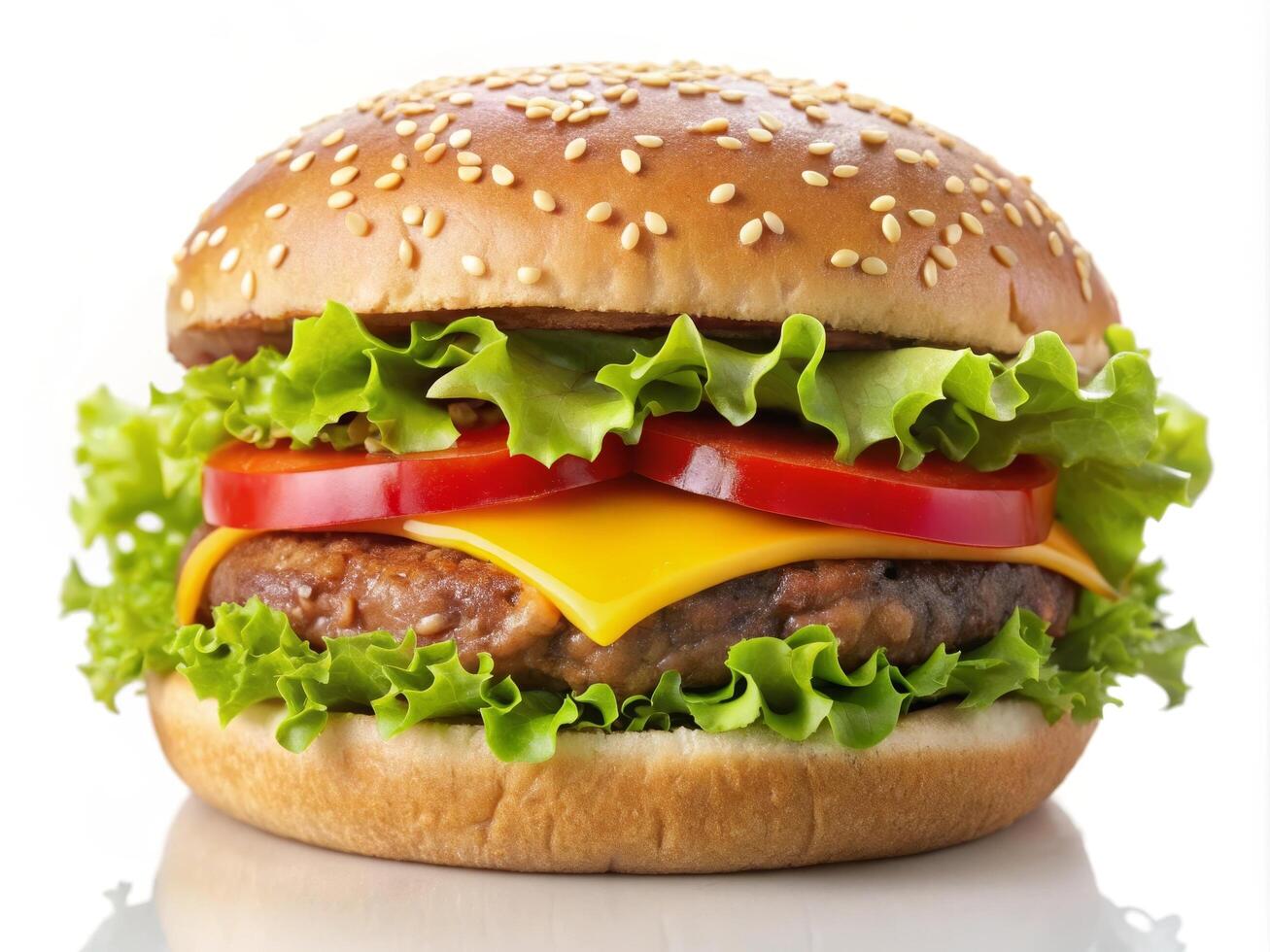 Fresh juicy hamburger with beef meat, grilled cheeseburger with onion and tomato, classic american fast food burger burger with tomateoes lettuce and pickles on a wooden plate. photo