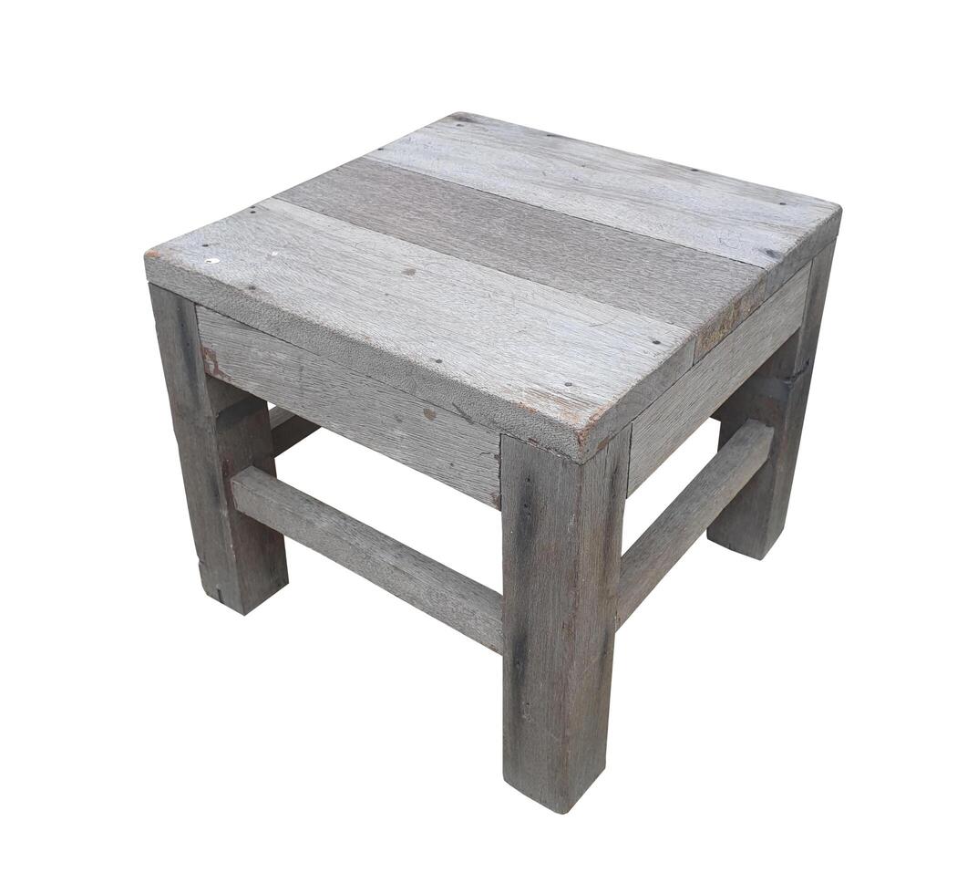 Ordinary simple wooden chair without backrest. Used nice wooden tabouret made of pine wood. wooden chair without a backrest, isolated on white background. photo