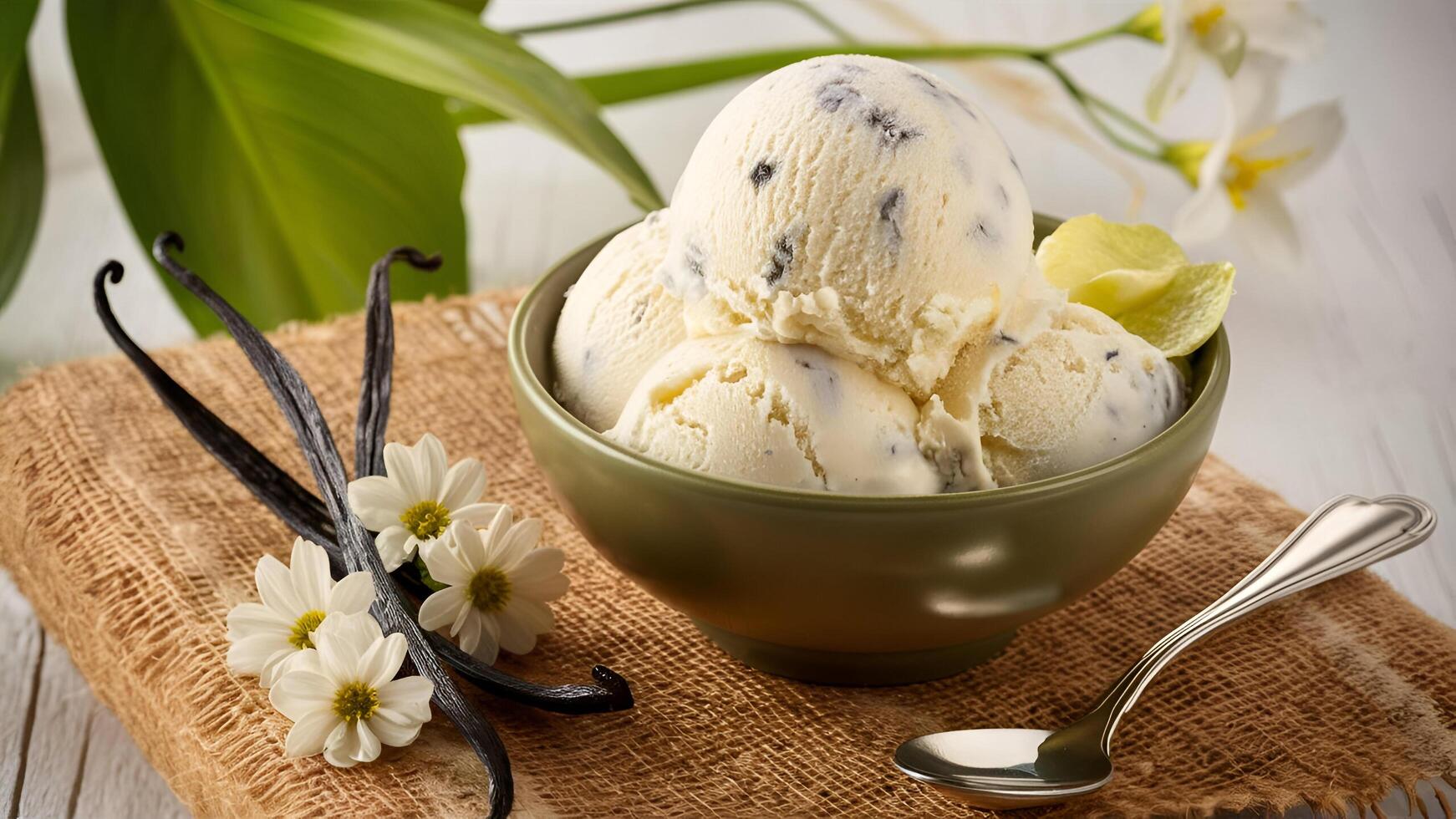vanilla ice cream with flowers and vanilla beans photo