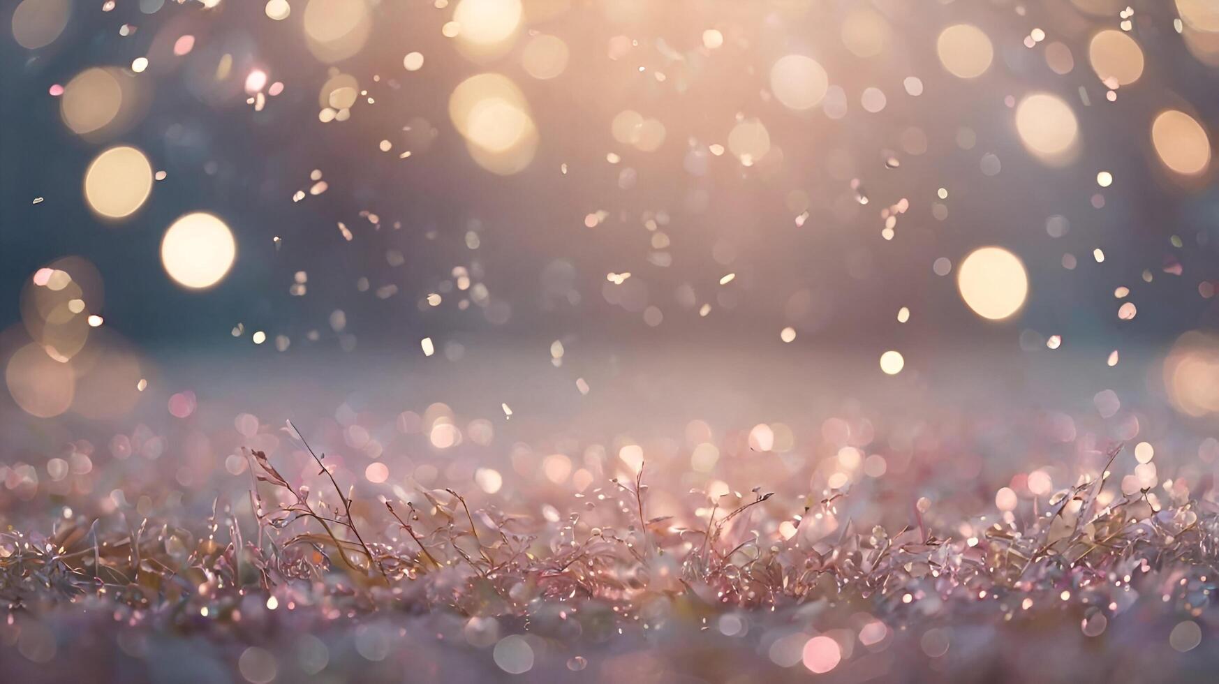 a field of snow and grass with lights shining photo
