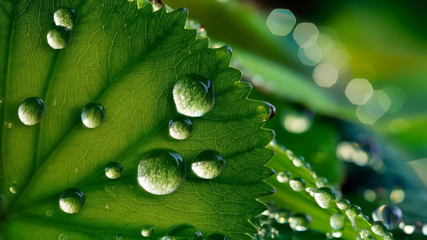 water droplets on a green leaf photo