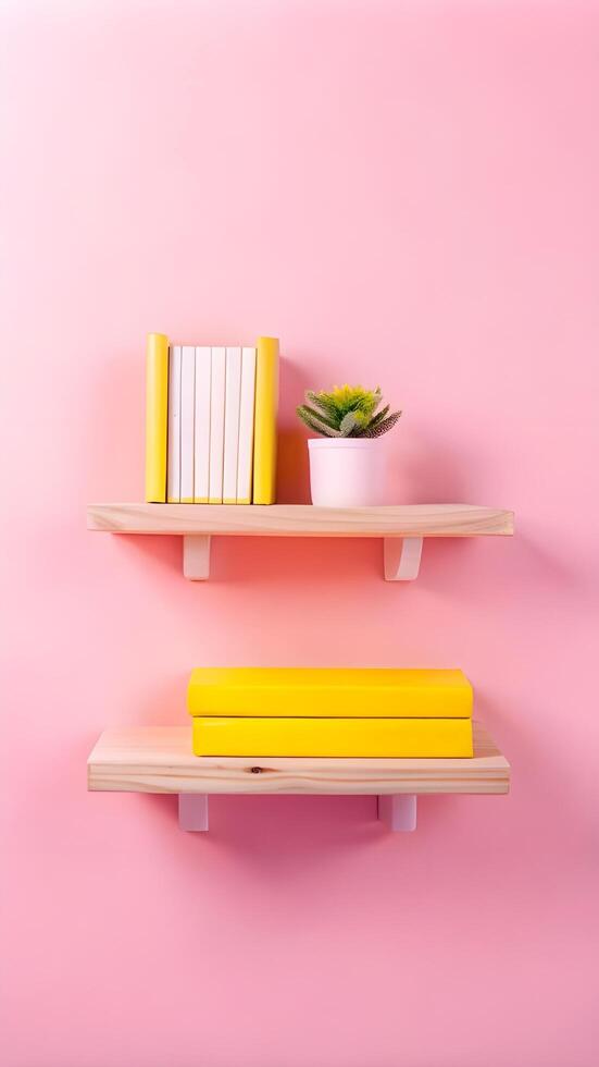 a shelf with books and plants wallpaper photo