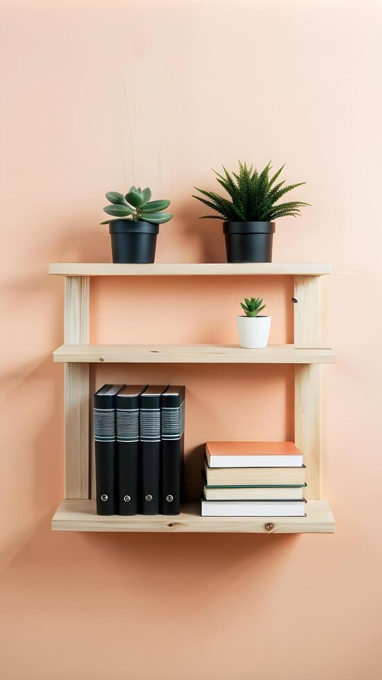 a shelf with books and plants wallpaper photo