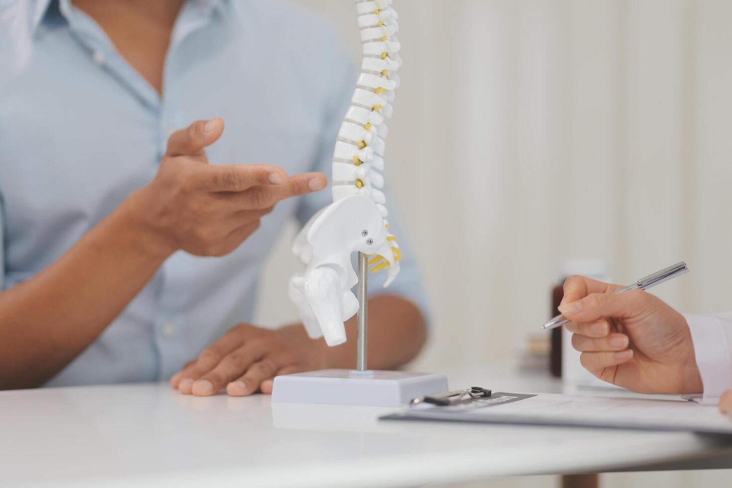 Orthopedists holding digital tablet and pointing at model. Concept of osteoporosis, back pain, lumbar, chiropractic and health. photo