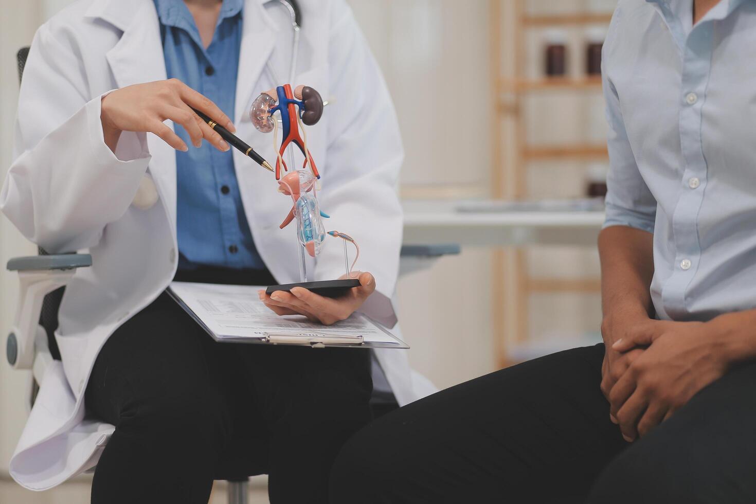 Urologists advise patients about prostate problems. Treatment of cancers of the urinary tract and male reproductive organs The concept of men's health problems Close-up pictures photo
