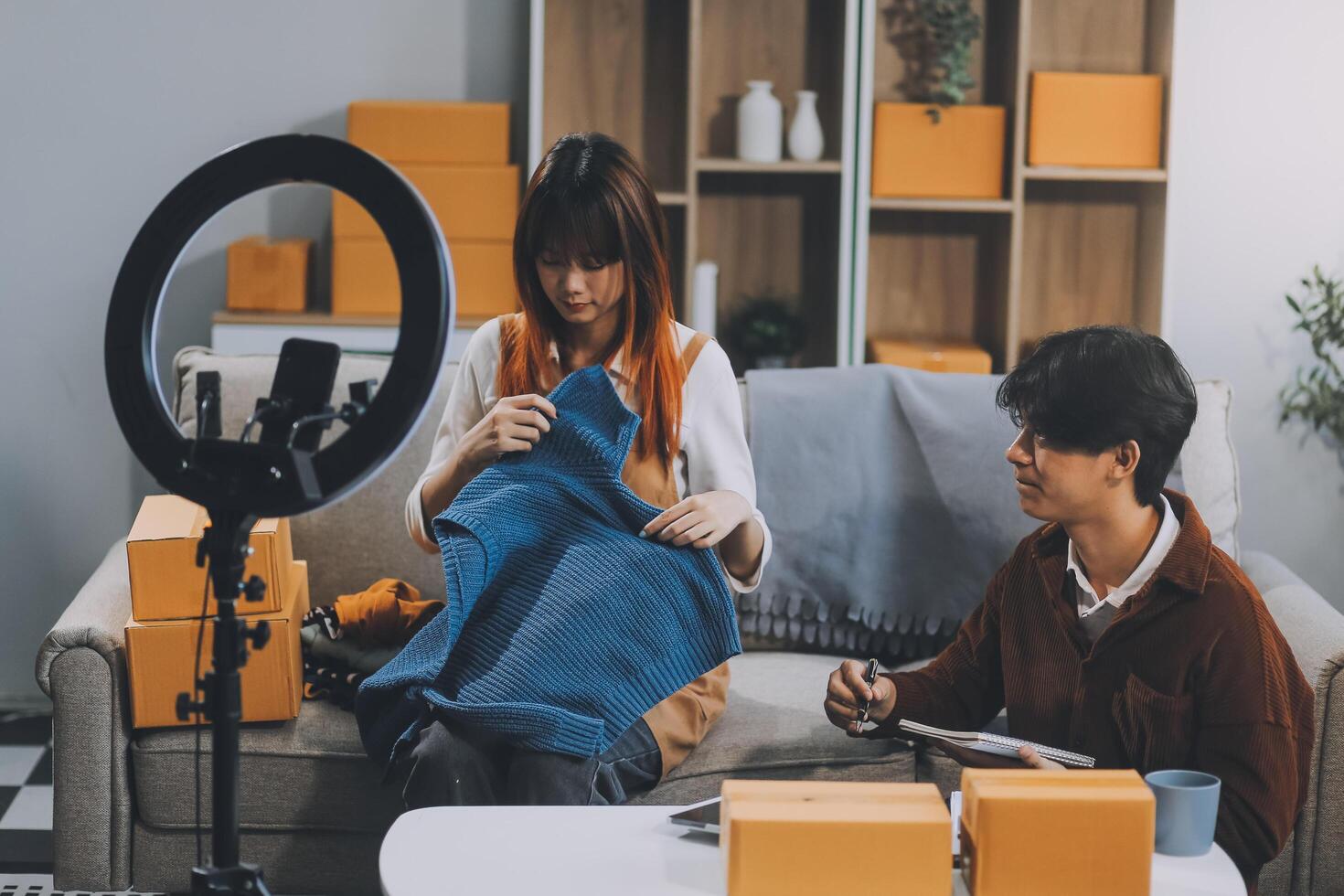 Small business owners couple entrepreneurs working with parcel, e-business, marketing, online shop, sme, entrepreneurs photo