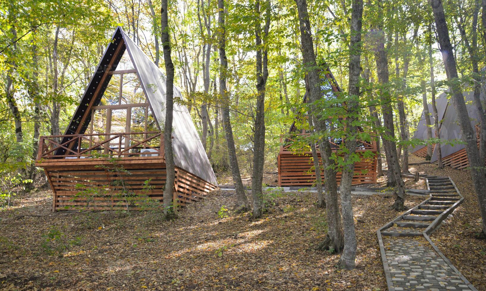 Triangular house made of wood in the forest. Eco hotels in the mountains photo