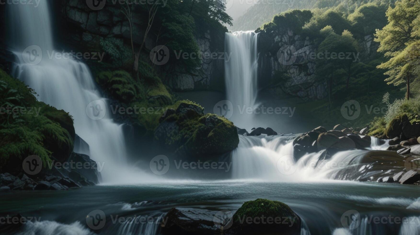A waterfall cascading into a river, surrounded by trees and rocks photo
