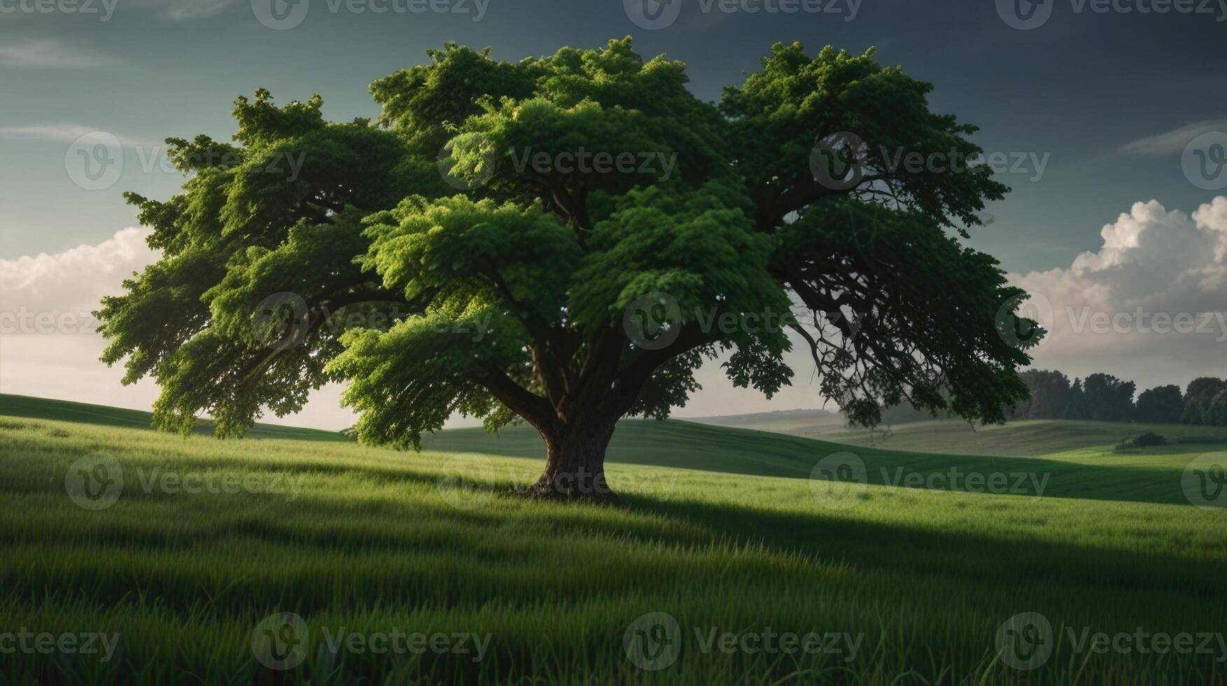A lush green landscape with a big tree in the foreground photo