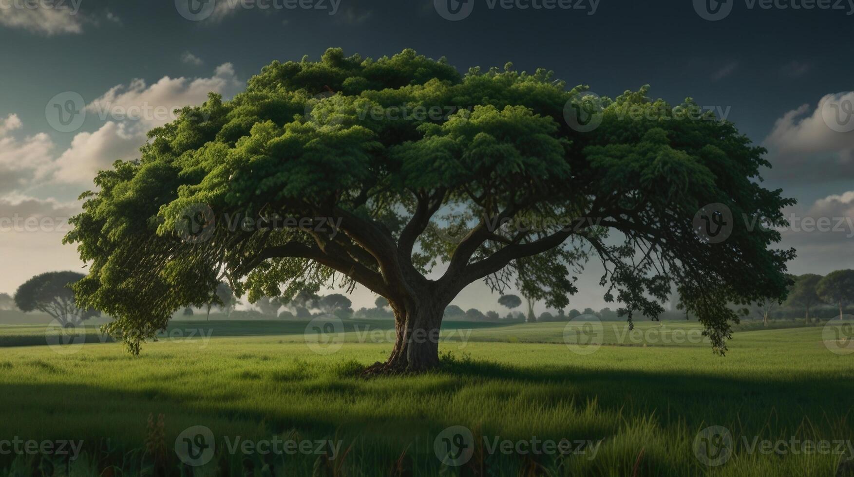 A lush green landscape with a big tree in the foreground photo