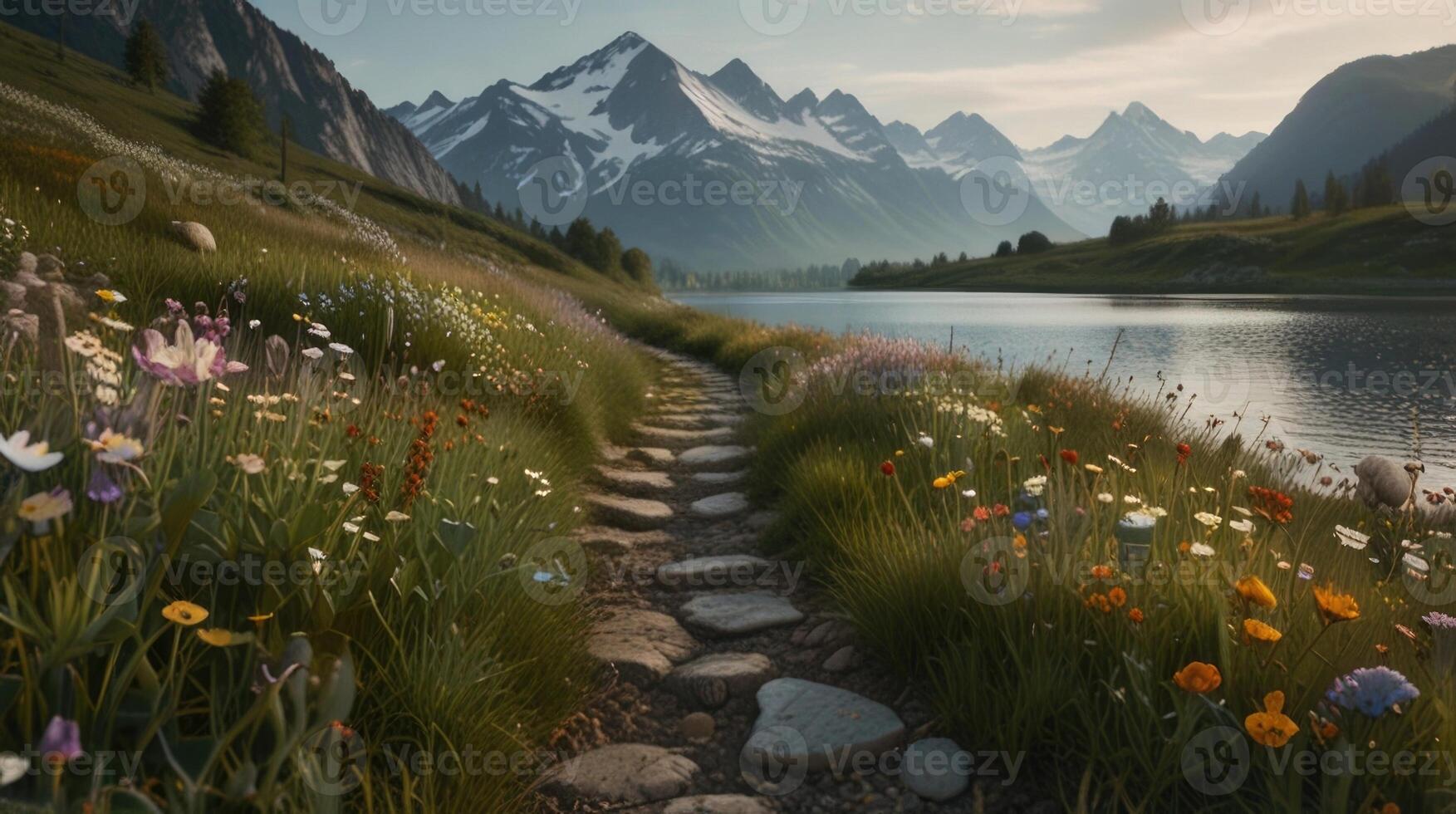 A stone path winds through a meadow of flowers, leading towards a mountain range and a lake photo
