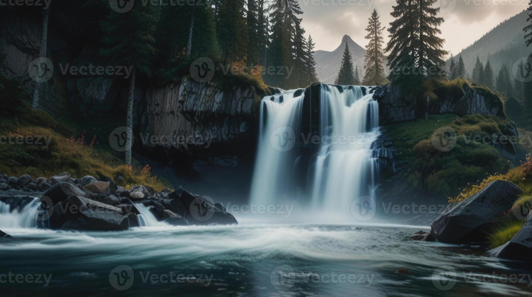 A waterfall cascading into a river, surrounded by trees and rocks photo