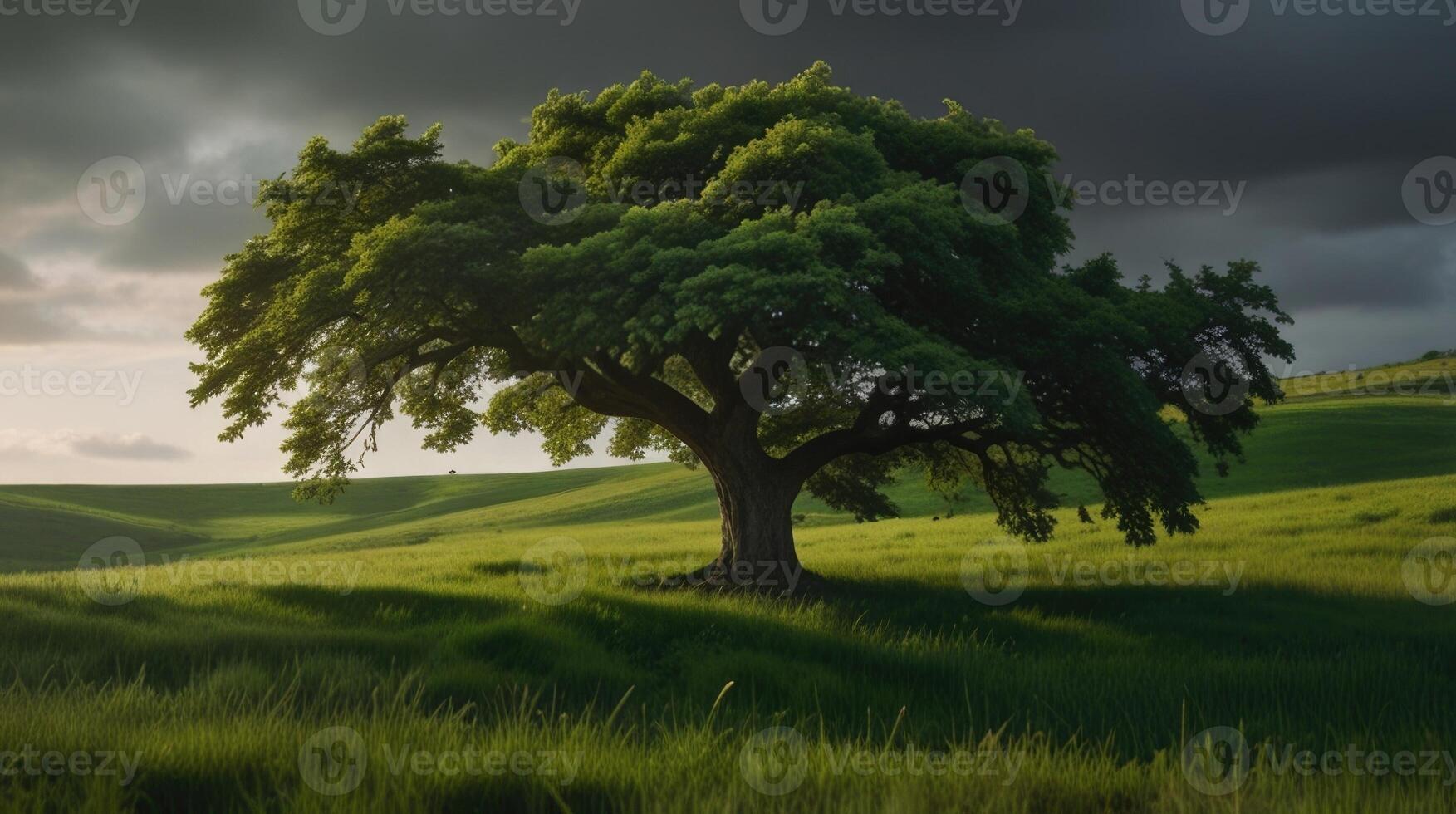 A lush green landscape with a big tree in the foreground photo