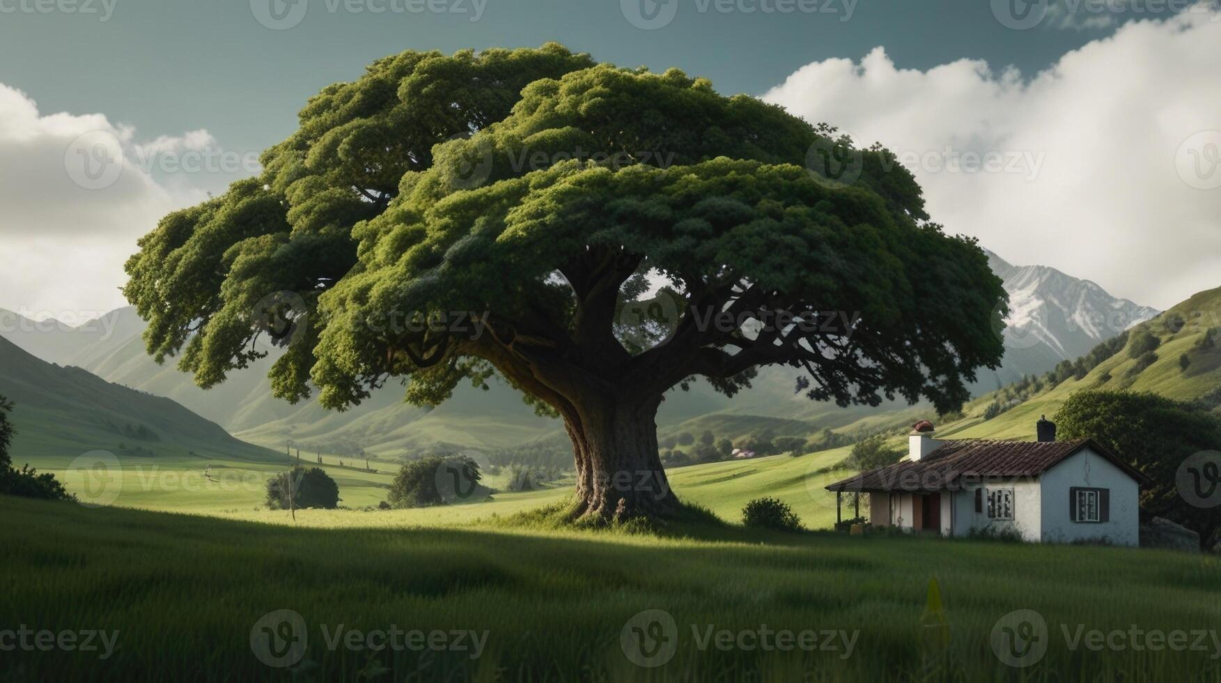 A lush green landscape with a big tree in the foreground photo