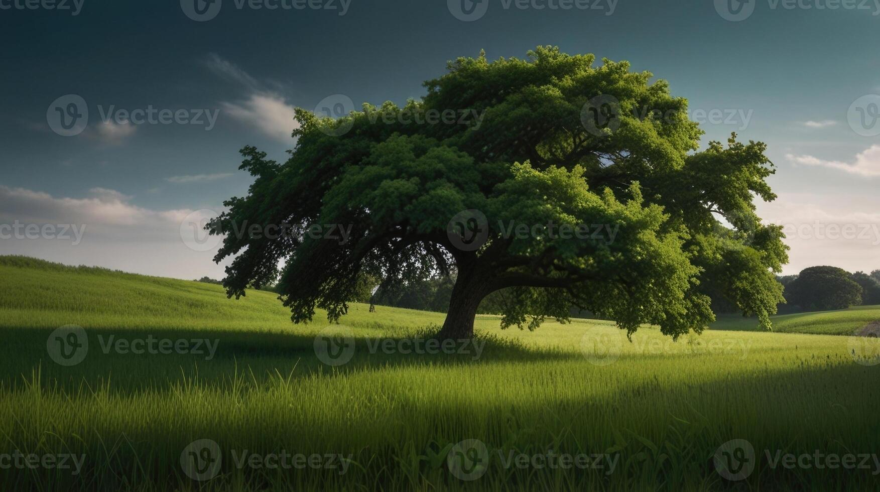 A lush green landscape with a big tree in the foreground photo