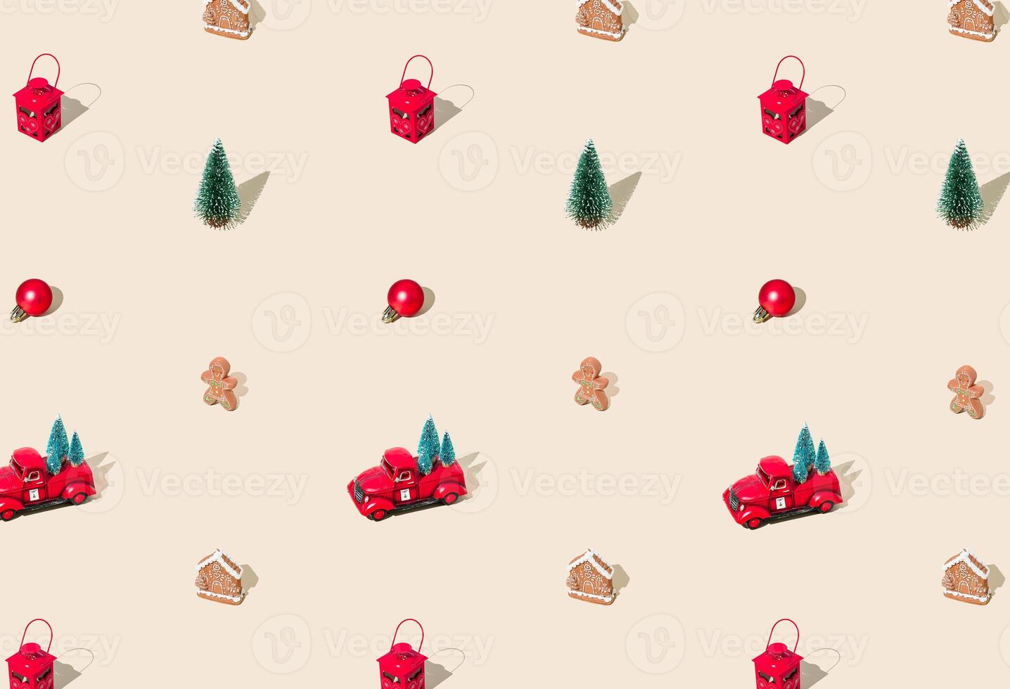Trendy Christmas pattern made with various winter and New Year objects on pastel cream background. Minimal Christmas concept. Festive holiday pattern backdrop. Xmas aesthetic. photo