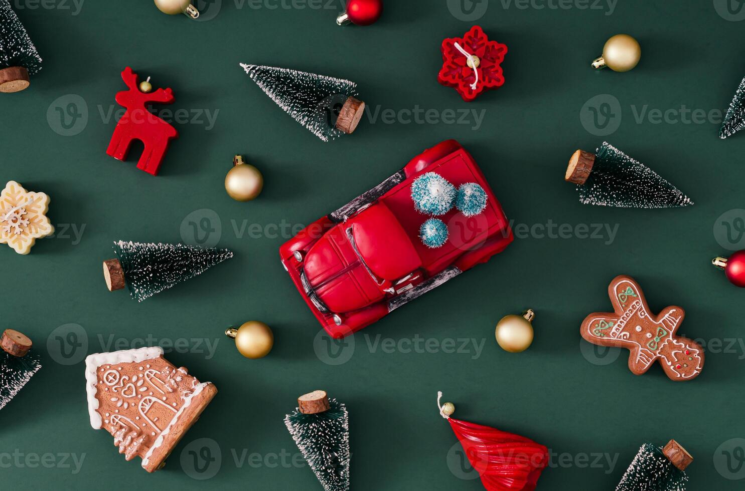 Trendy Christmas pattern made of various winter and Xmas objects on green background. Minimal creative Christmas and New Year concept. Festive holiday pattern backdrop. Christmas aesthetic. Flat lay. photo