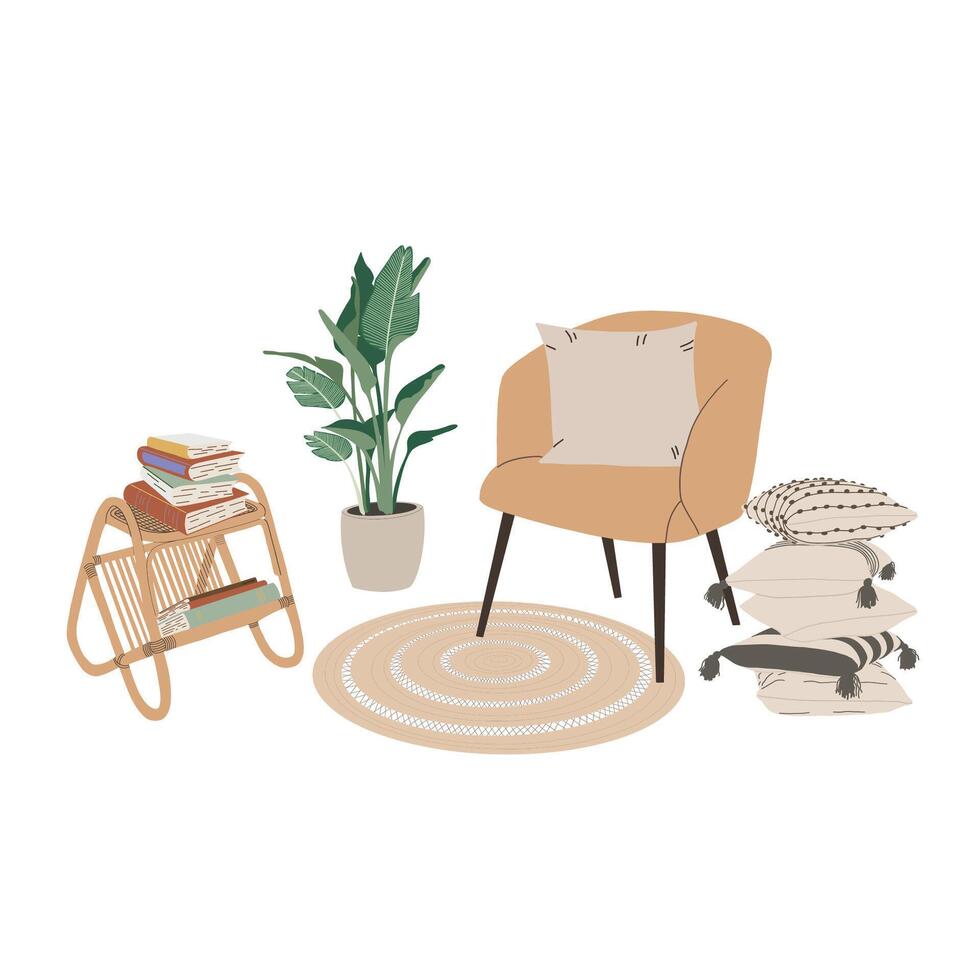 Living room interior design. Armchair, carpet, pillows, bookshelf and houseplant. Scandinavian style, minimalist. Cute home. Hand drawn design vector