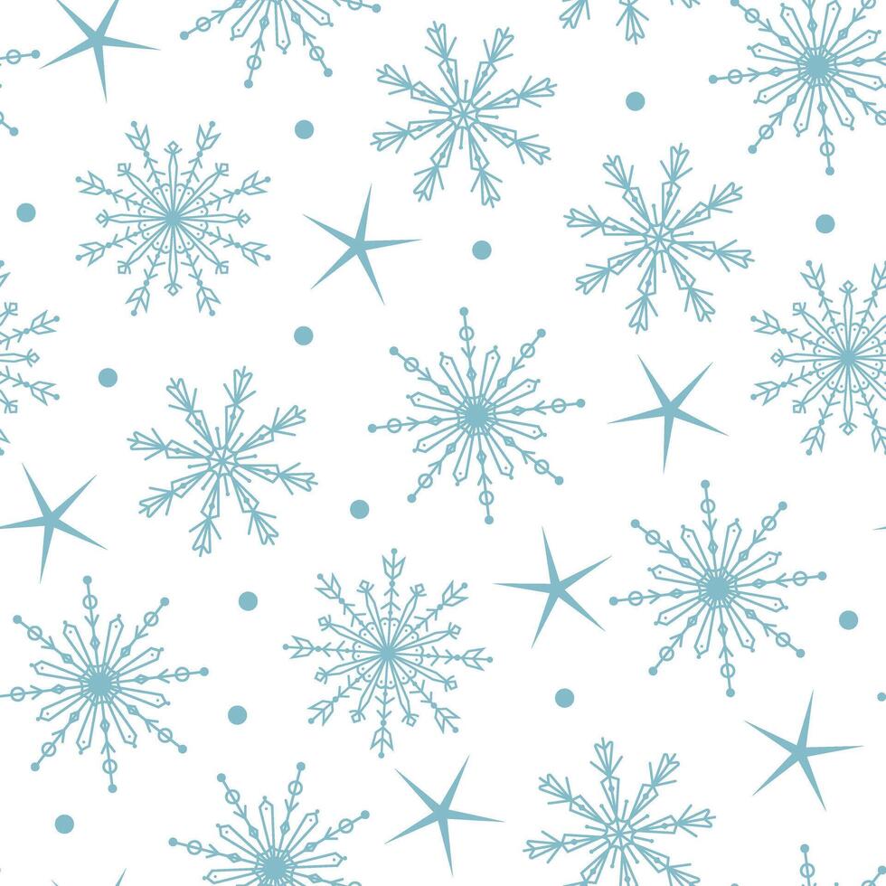 seamless pattern with different snowflakes and stars. New Year and Christmas winter background with snowfall. vector