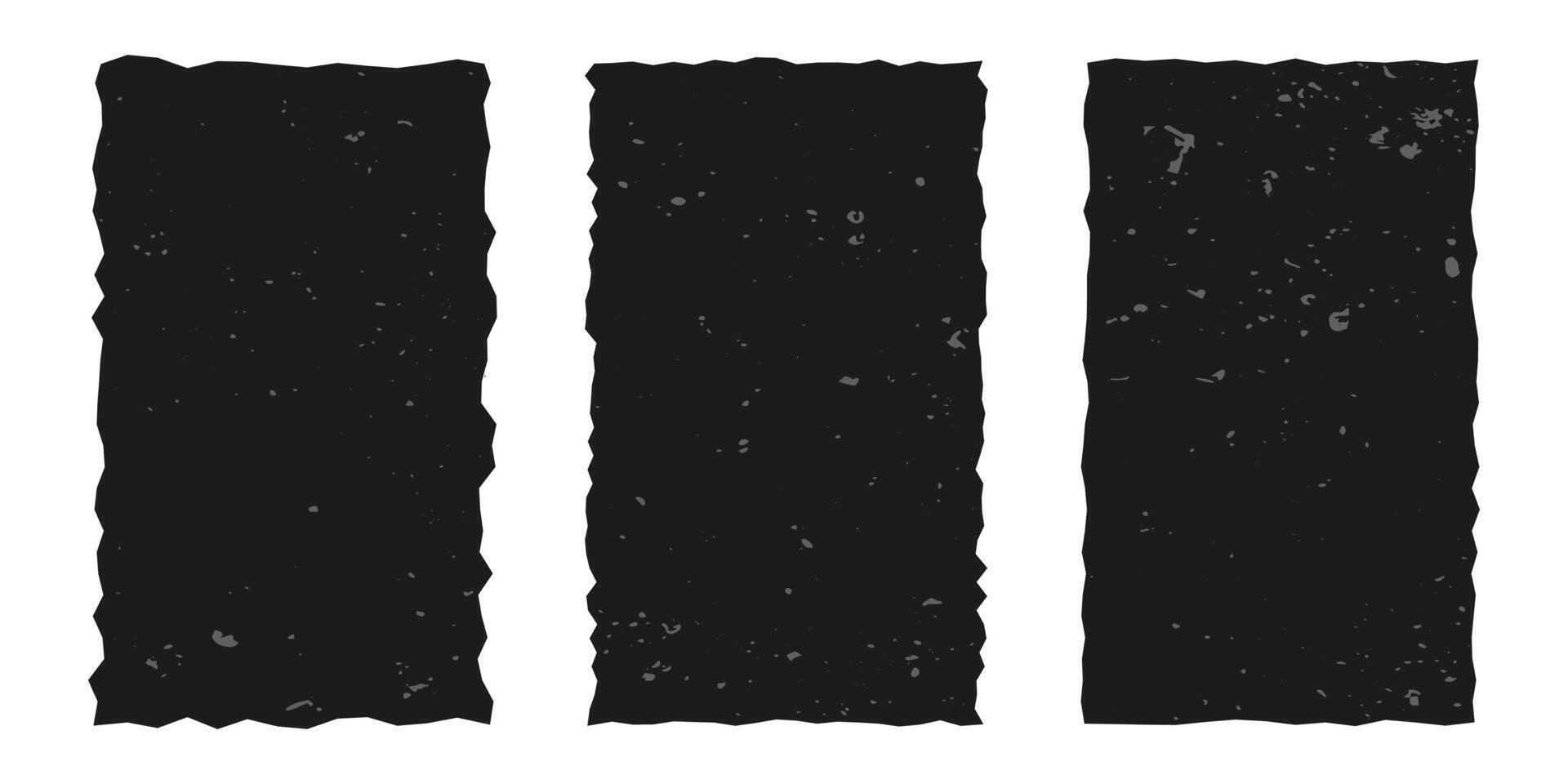 Set of vertical gray frames made of torn paper with vintage gritty texture, rectangles with jagged edges isolated on white background. Old ripped paper, grunge. vector