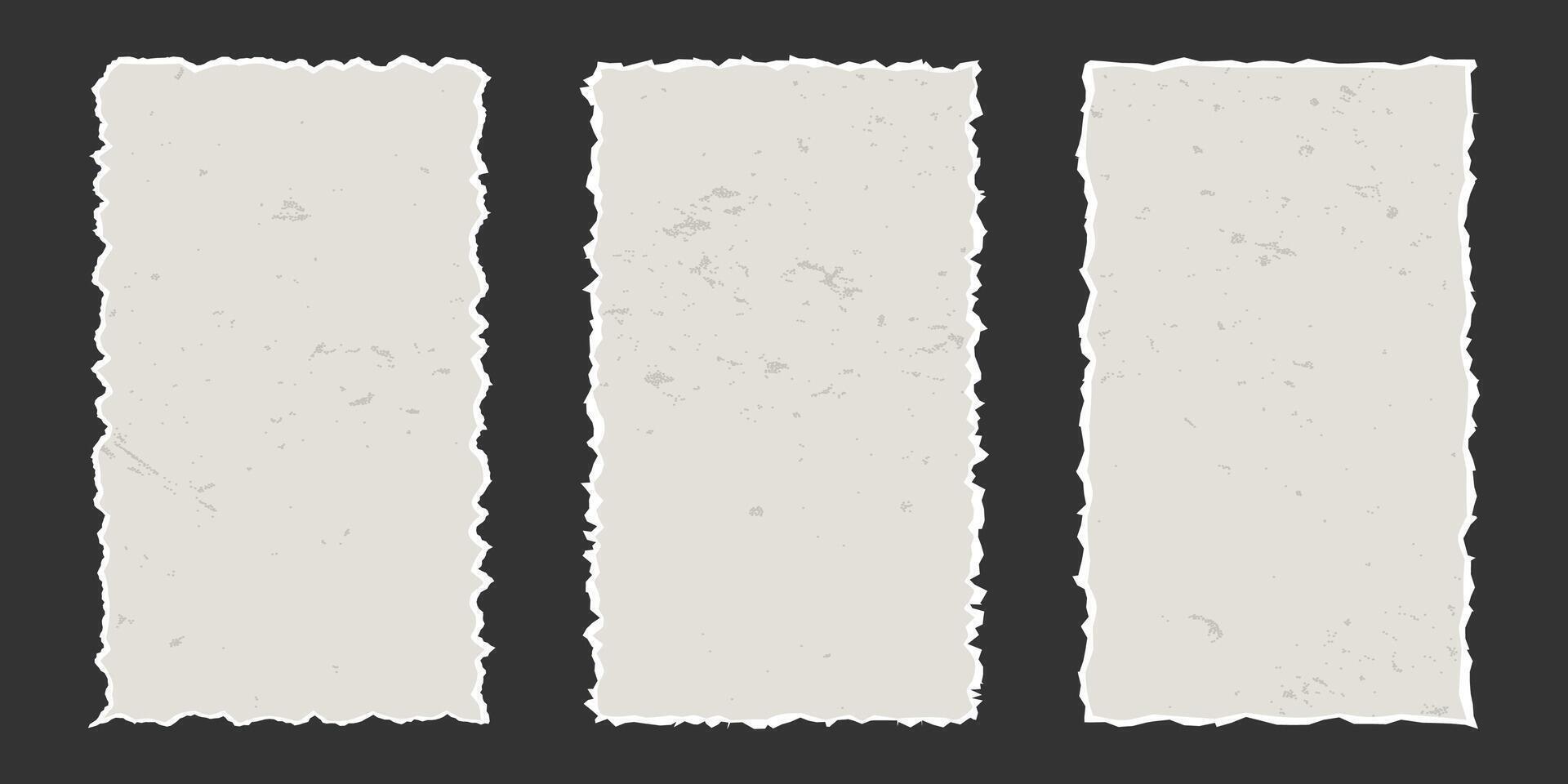 Set of vertical vintage torn rectangular sheets of aged paper with jagged edges. Torn elements with texture. Empty space for text, banner template. vector