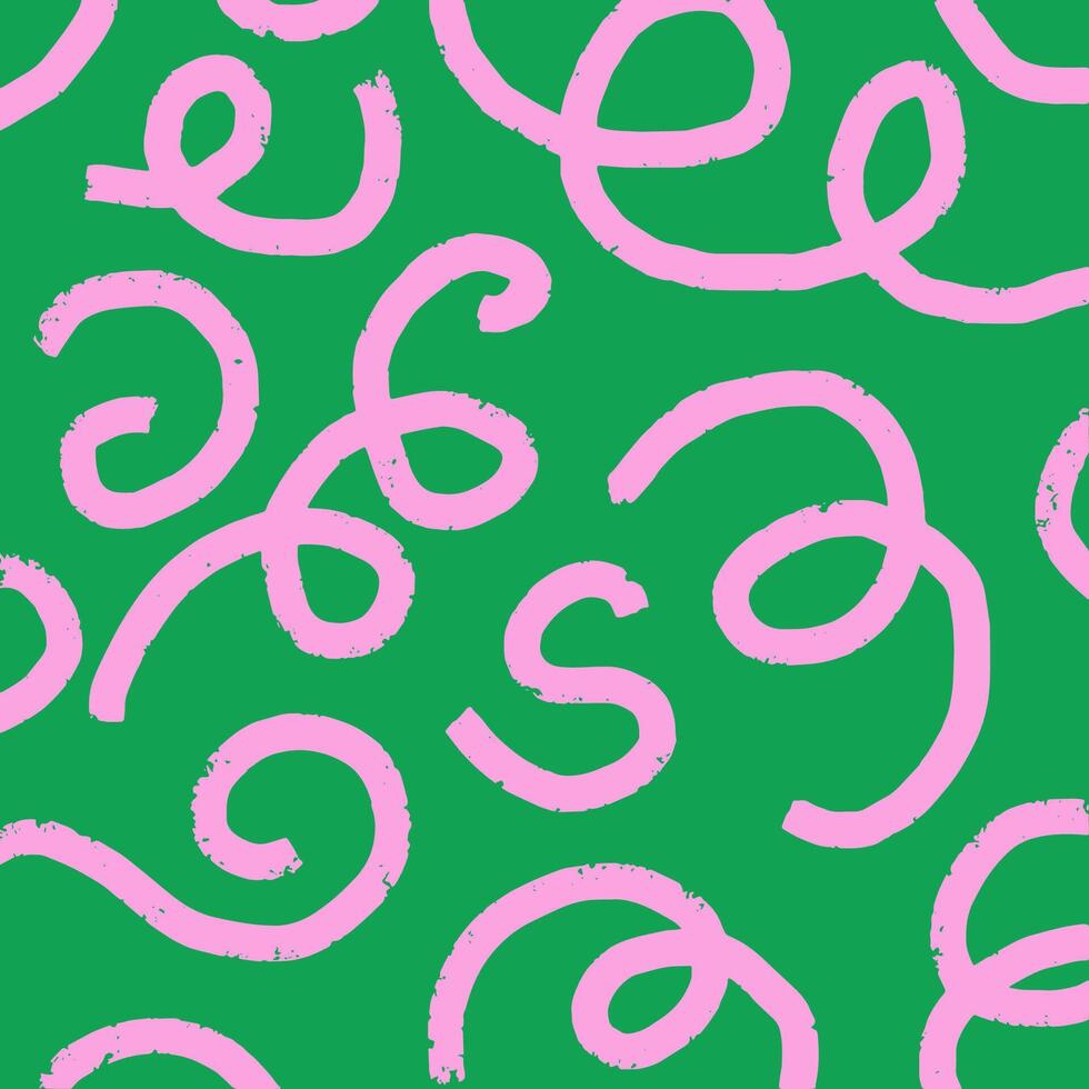 Playful hand drawn pattern, curved pink squiggles. Chaotic ink textured lines on green background, doodle swirls, wavy strokes, crosshatch. Sketch illustration. vector