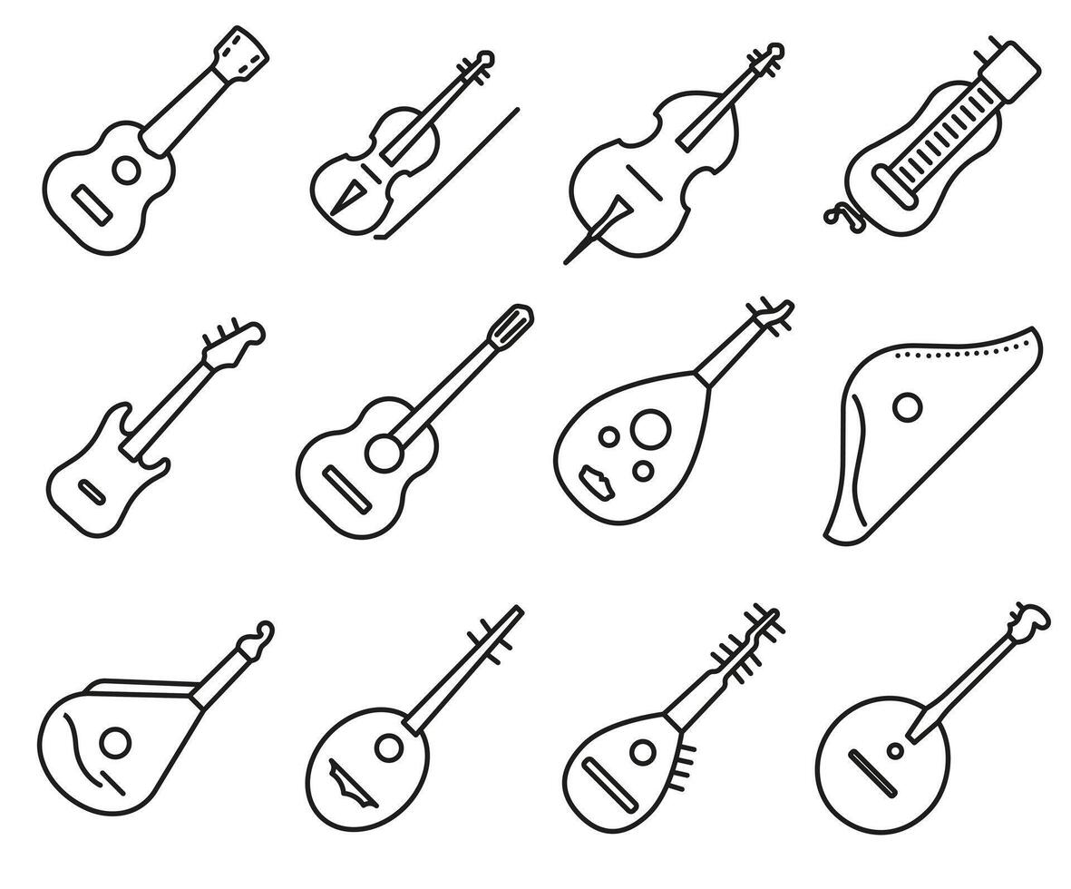 A set of stringed instruments with a thin line title. A set of stringed musical instruments. vector