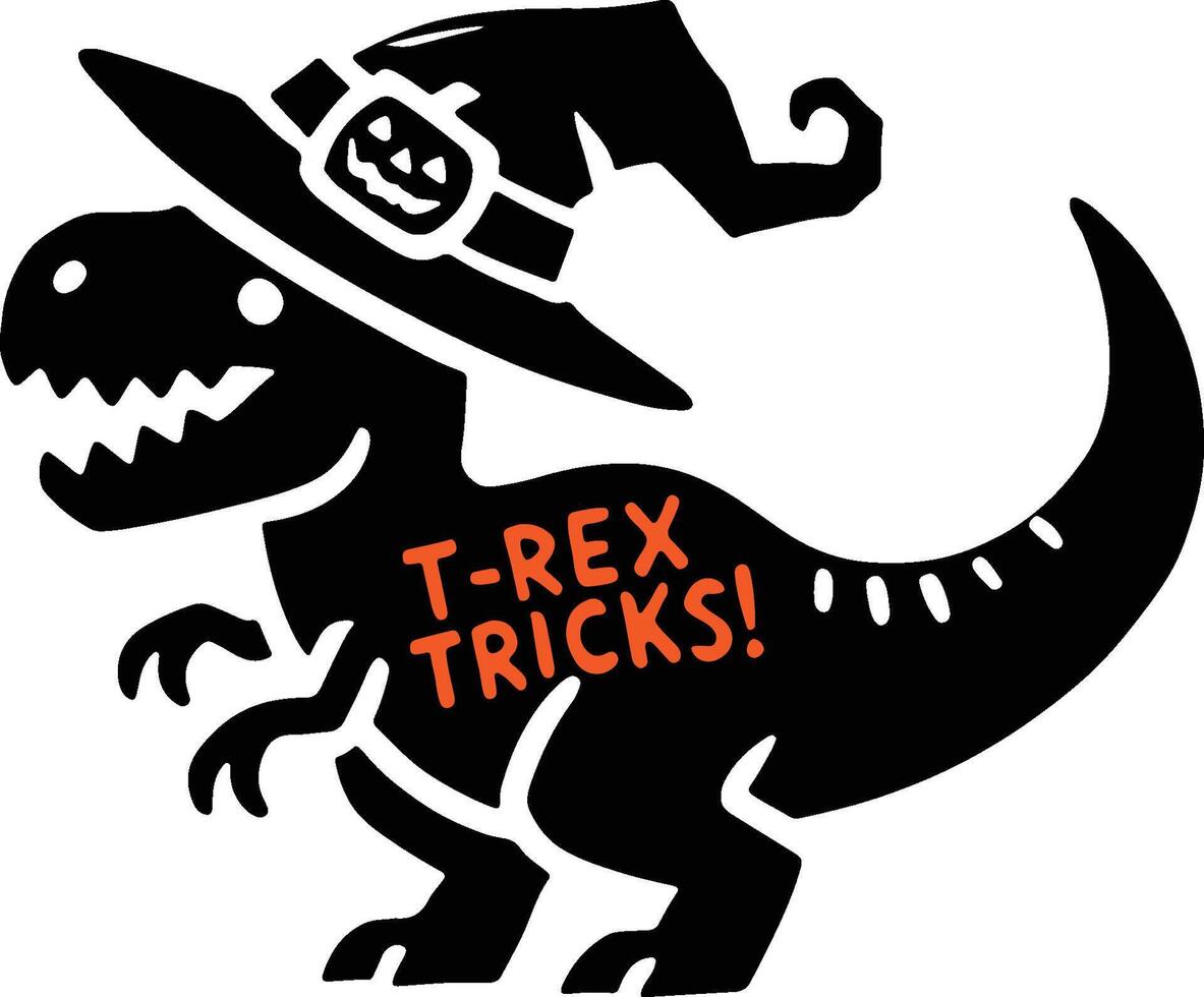Tyrannosaurus Rex in Halloween witch costume with text T-Rex Tricks spooky vector