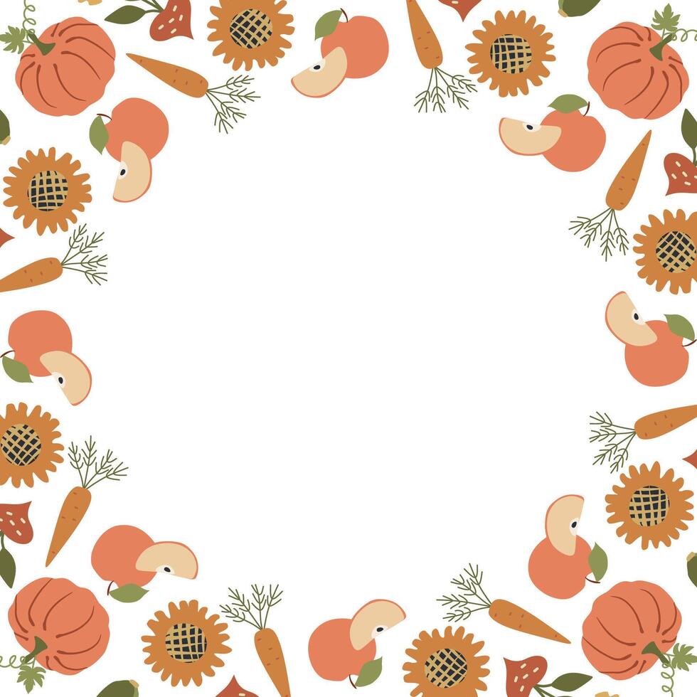 Healthy Autumn vegetables frame, organic vegetarian card design. Cute funny veggies Border background with natural farm pumpkin, carrot, apple. Colored childish kids flat Harvest illustration vector