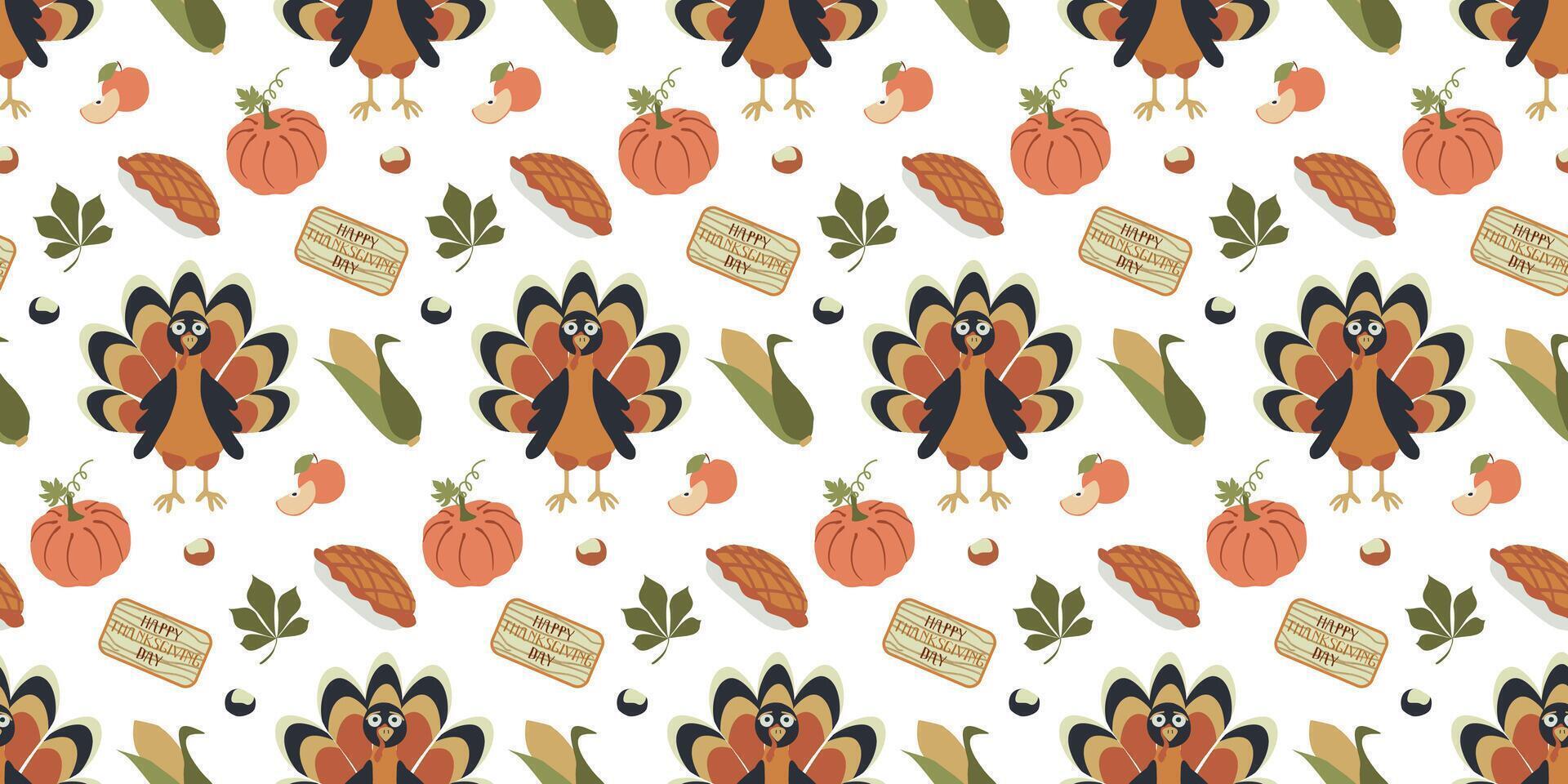Seamless pattern with turkey, pumpkin, Carrots. Texture for fabric, wallpaper, apparel, wrapping. Happy Thanksgiving Day Illustration with Autumn Celebration isolated Elements for Banner. vector