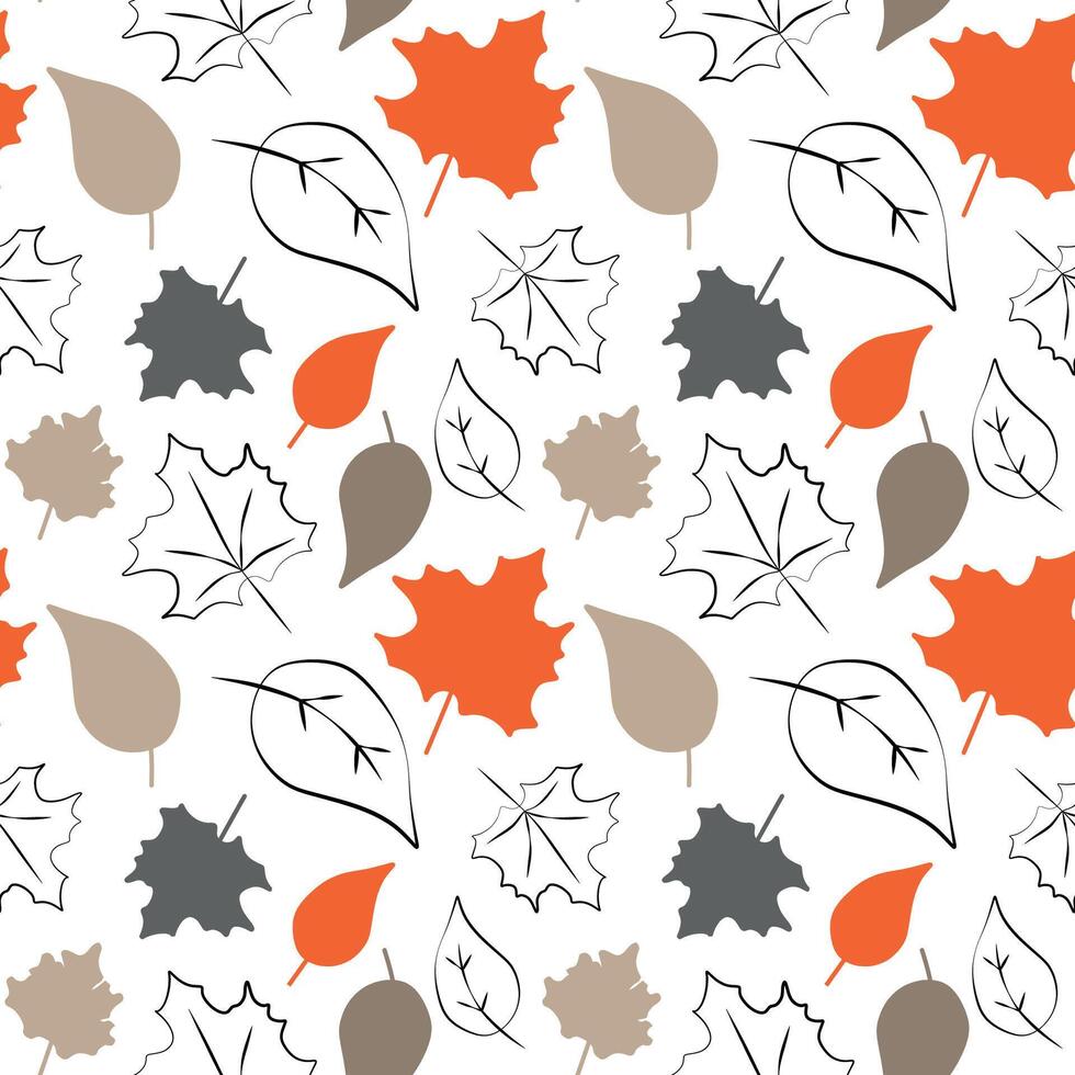 Seamless pattern with autumn leaves in Orange, Beige, Grey. Perfect for wallpaper, gift Wrapping paper, pattern fills, web page background, autumn greeting cards. Flat Cartoon Illustration vector