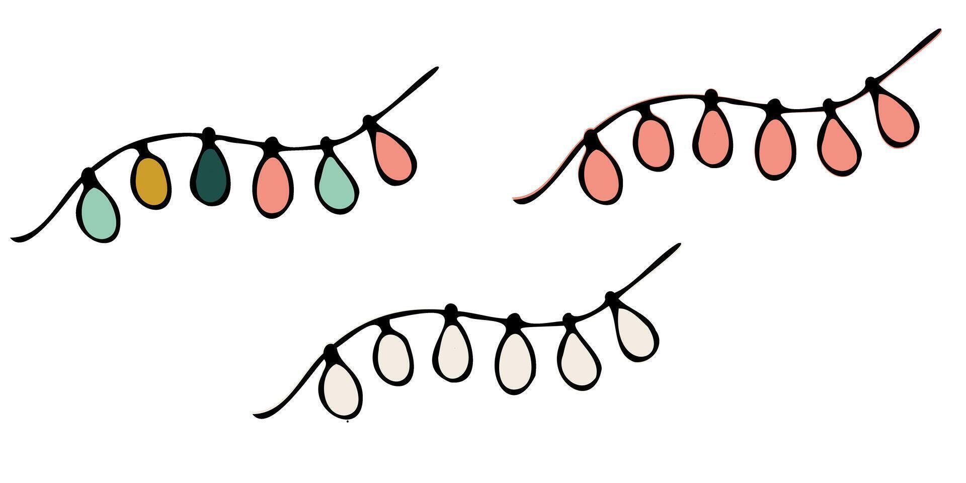 A festive illustration of colorful string lights in a hand-drawn style, perfect for Christmas and holiday-themed designs, decorations, greeting cards, and seasonal craft projects. vector